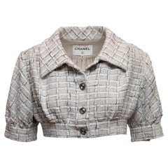 Grey & White Chanel Cropped Short Sleeve Tweed Jacket Size FR 38