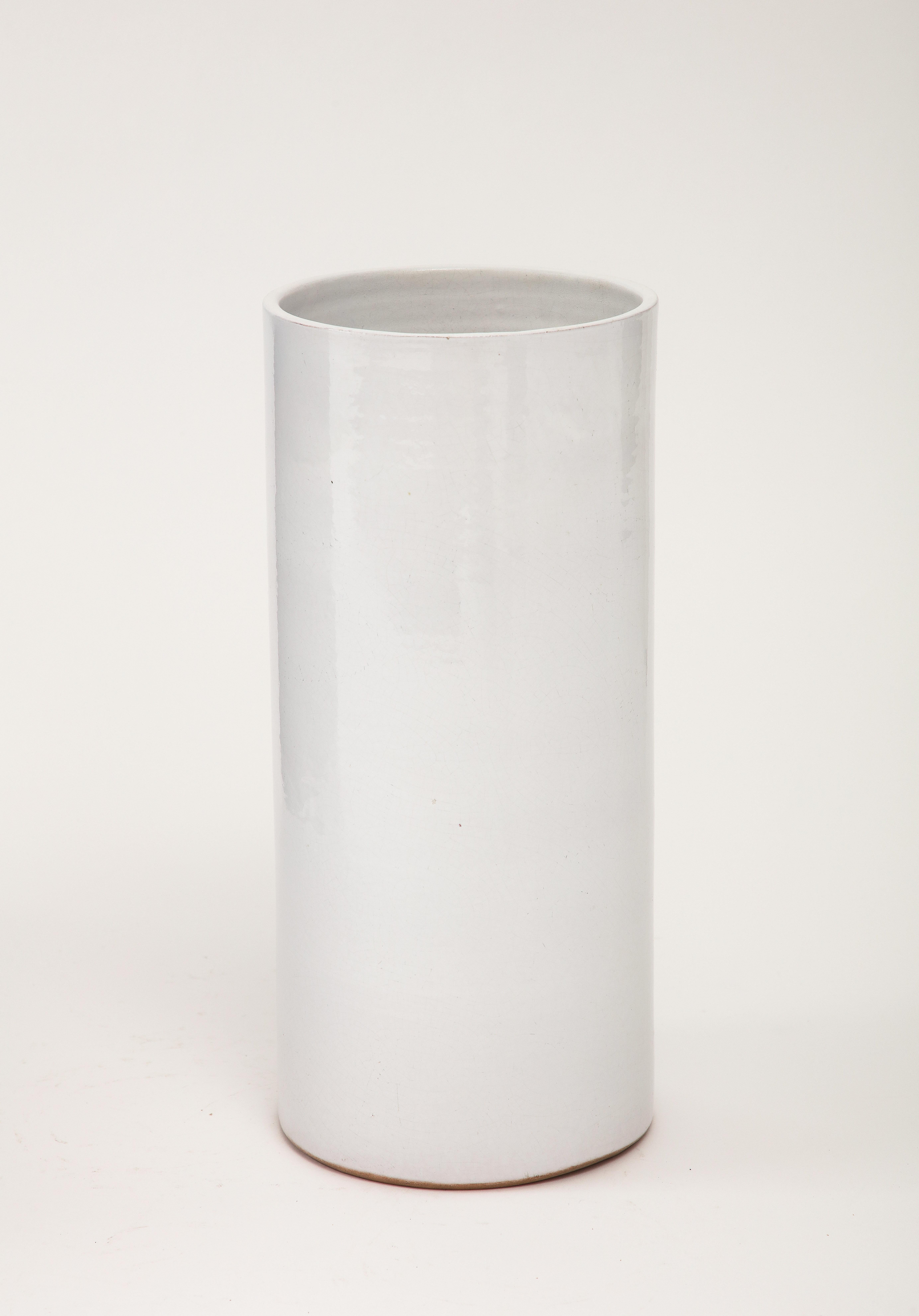 French Grey White Crackle Glaze Cylindrical Vase, France, c. 1950's For Sale
