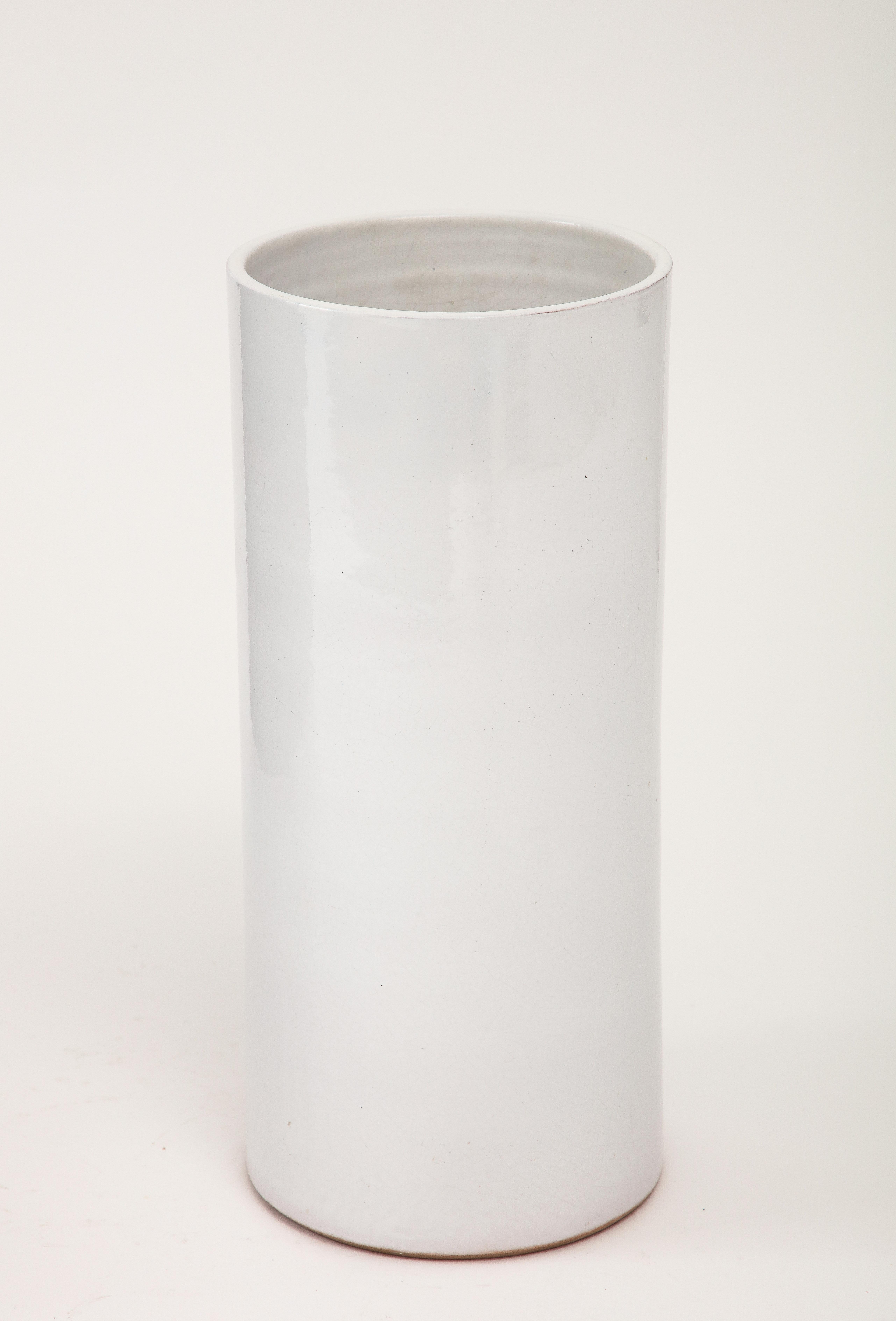 Glazed Grey White Crackle Glaze Cylindrical Vase, France, c. 1950's For Sale