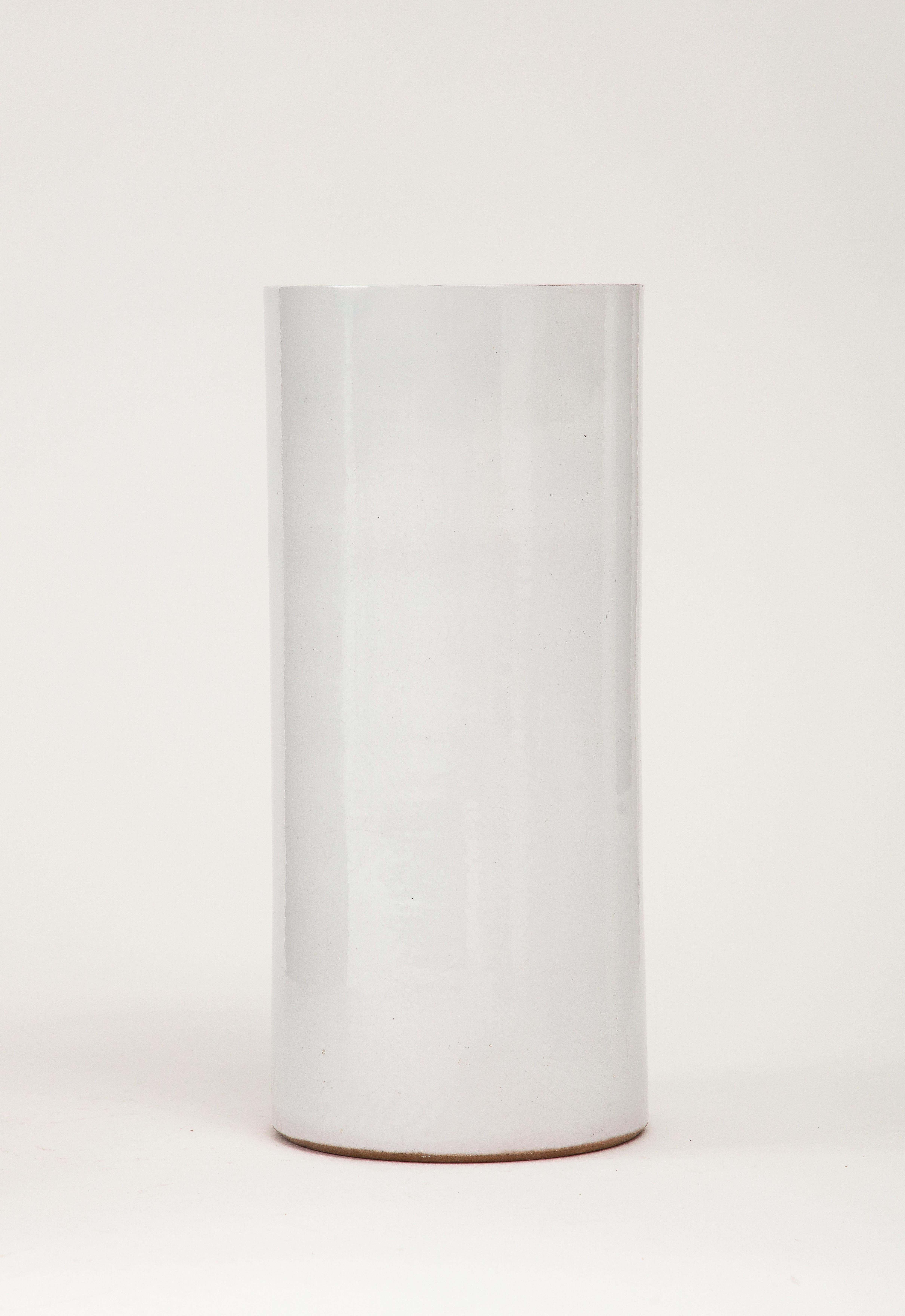 Grey White Crackle Glaze Cylindrical Vase, France, c. 1950's In Good Condition For Sale In Brooklyn, NY