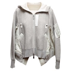 Grey & White Sacai Cotton & Nylon Hooded Zip Jacket Designer Size 3