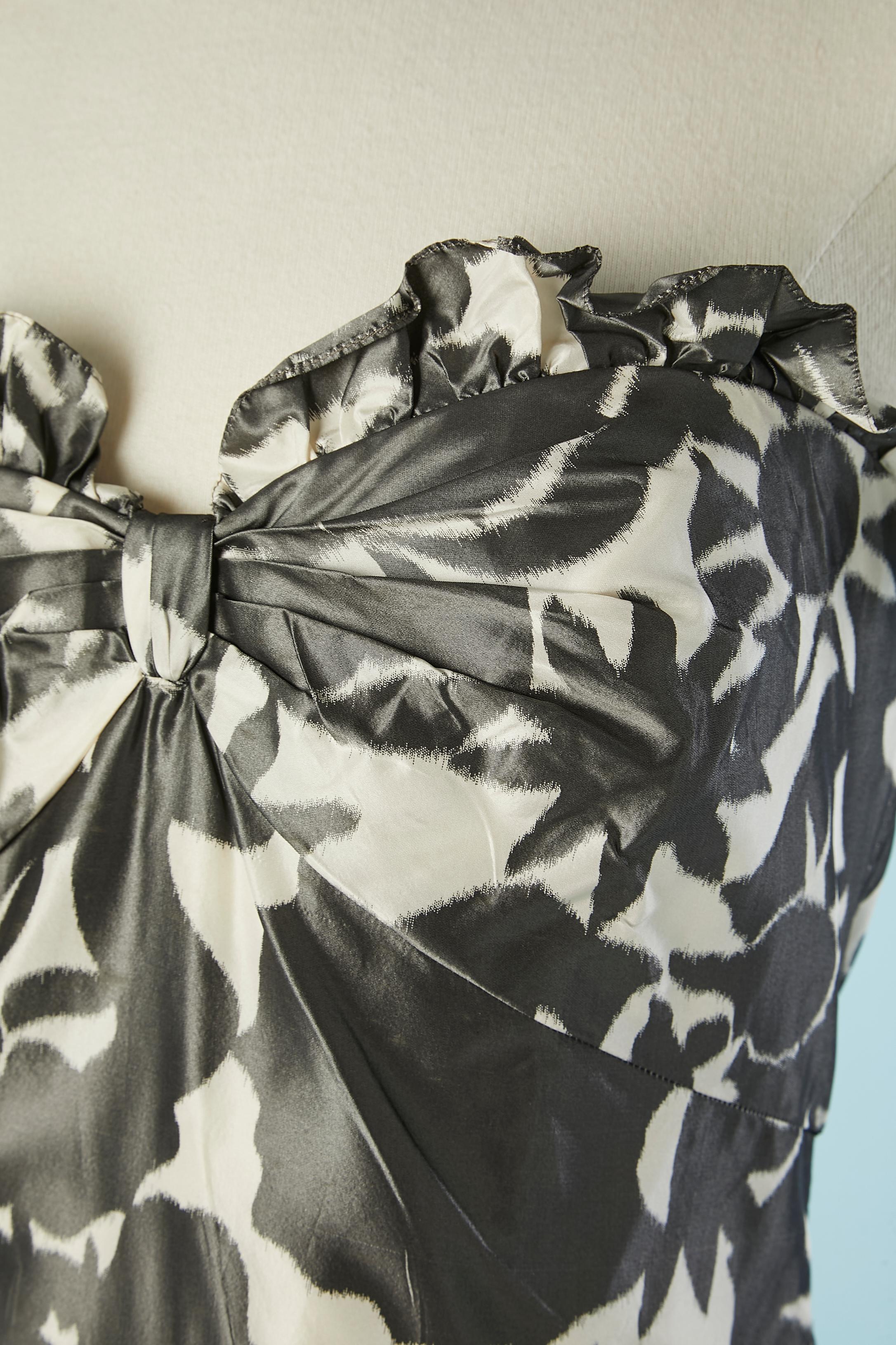 Grey & white silk cocktail bustier dress with ruffles, the pattern style is call 