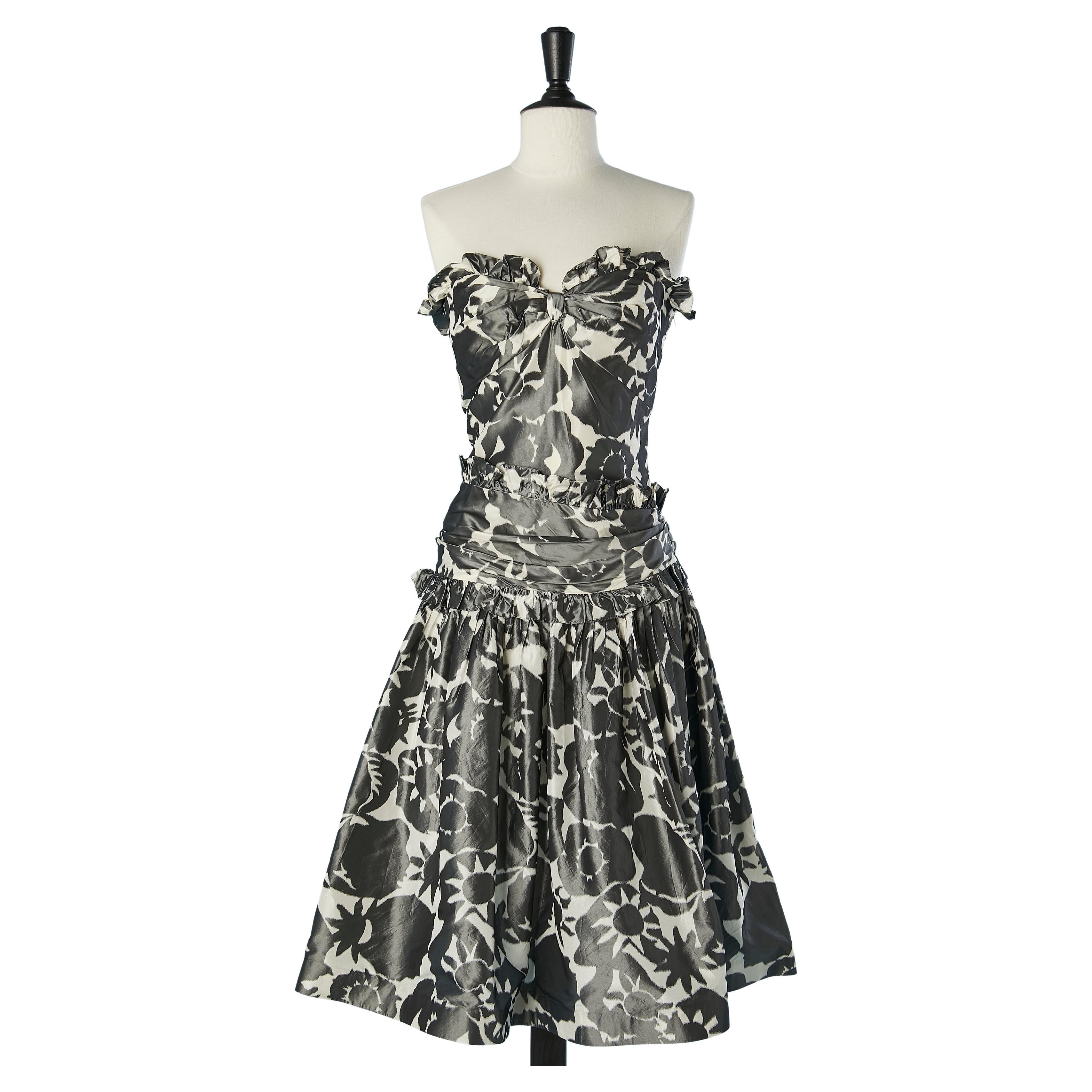 Vestido bustier de seda gris y blanco con volantes Nina Ricci Haute-Boutique