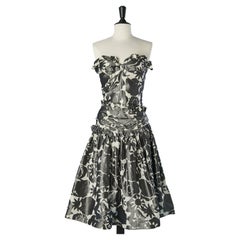 Retro Grey & white silk cocktail bustier dress with ruffles Nina Ricci Haute-Boutique