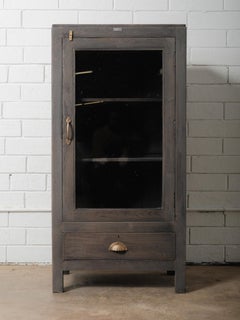 Grey Wooden Glass-Front Display Cabinet With Drawer