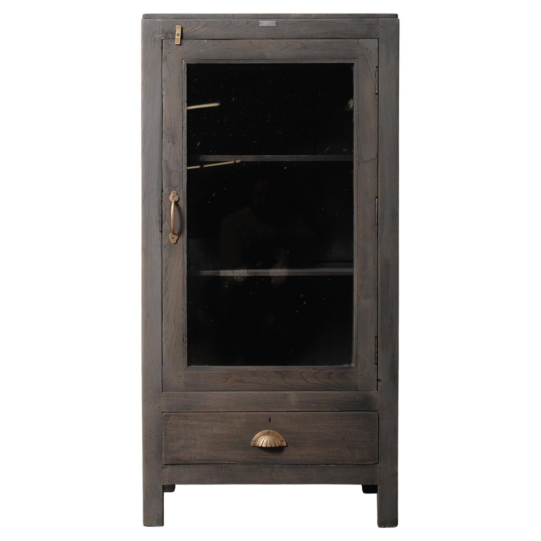 Vetrinetta grigia con cassetto in legno e vetro