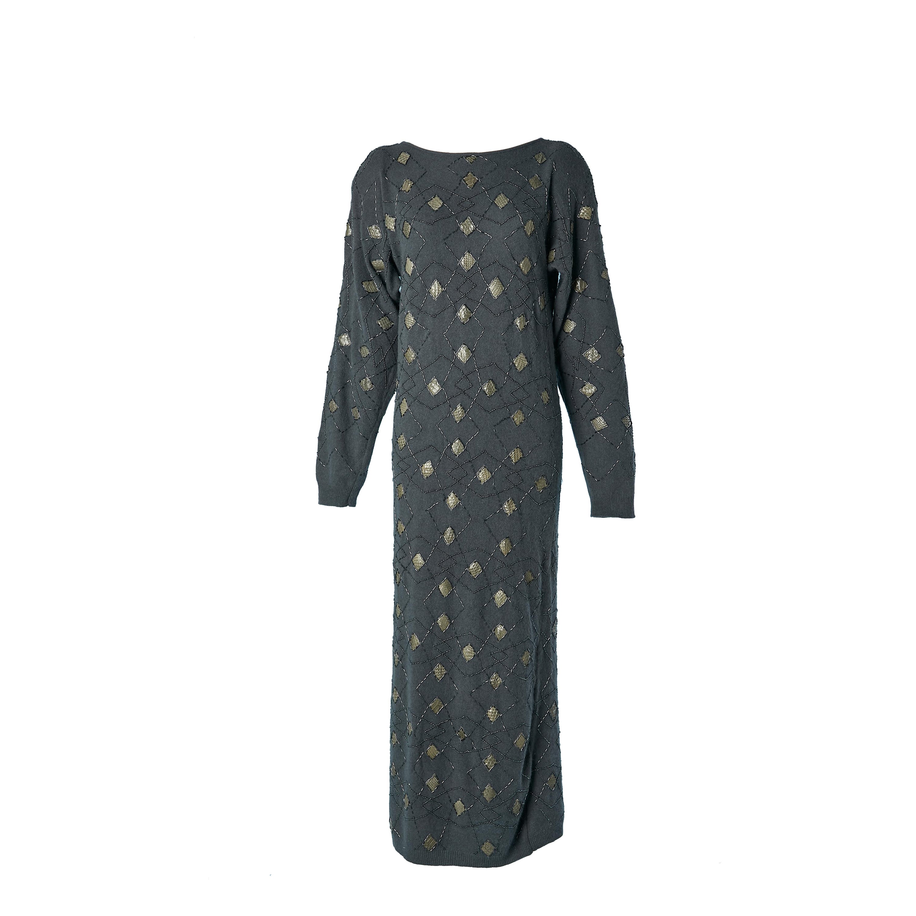 Abito grigio in lana e angora con perline e toppe in pelle Nancy Johnson NUOVO