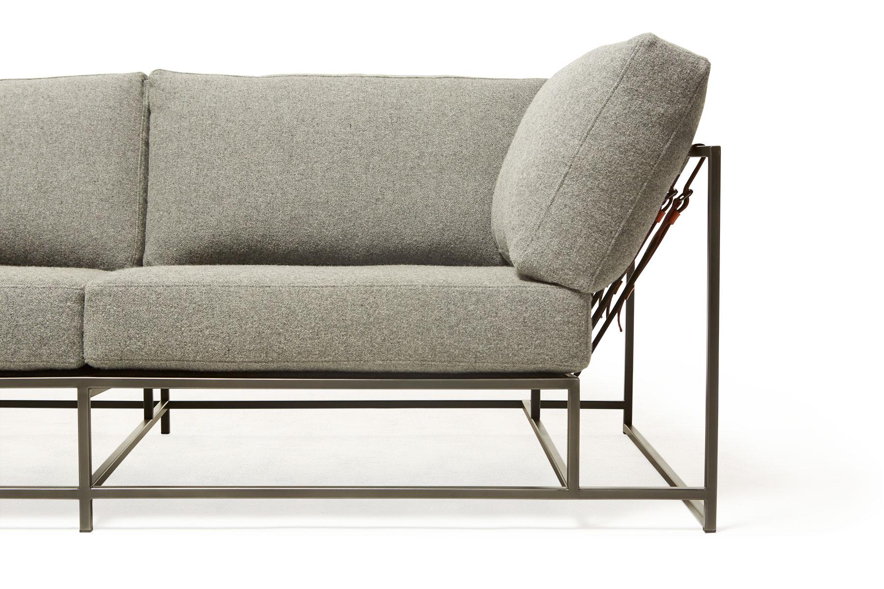 Modern Grey Wool and Blackened Steel Two-Seat Sofa For Sale