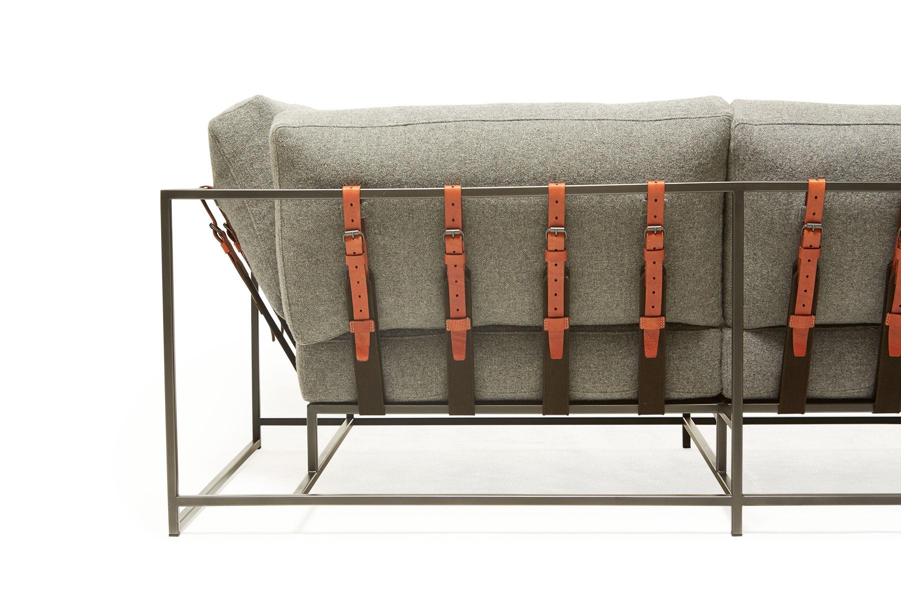 American Grey Wool and Blackened Steel Two-Seat Sofa For Sale