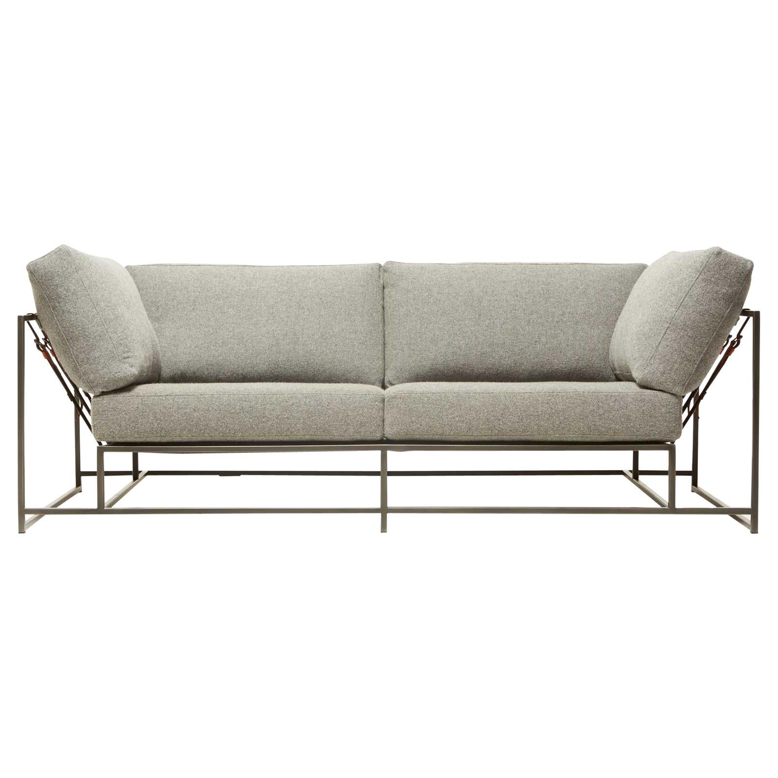 Grey Wool and Blackened Steel Two-Seat Sofa