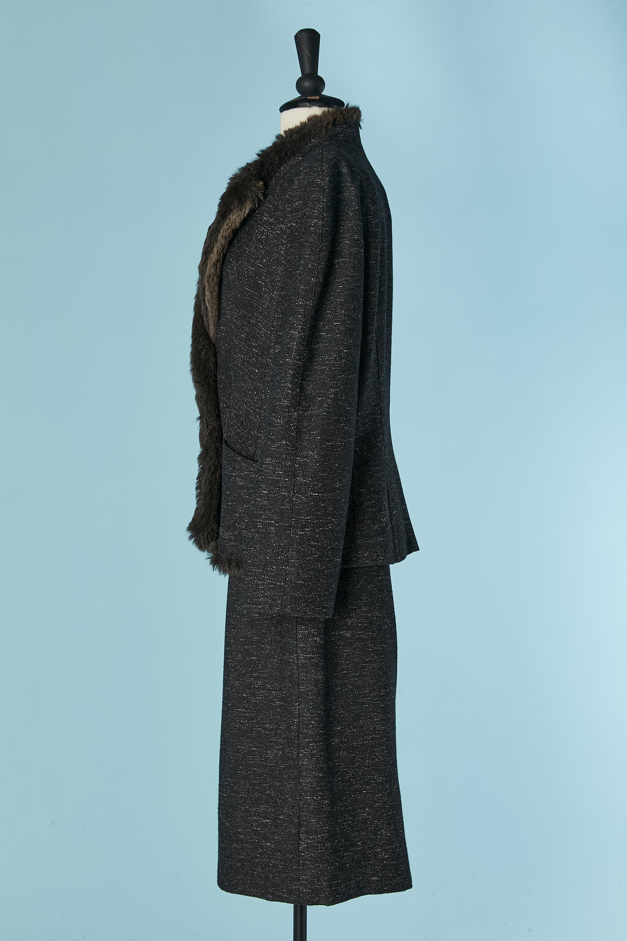 Women's Grey wool chiné skirt suit with faux fur edge MUGLER For Sale