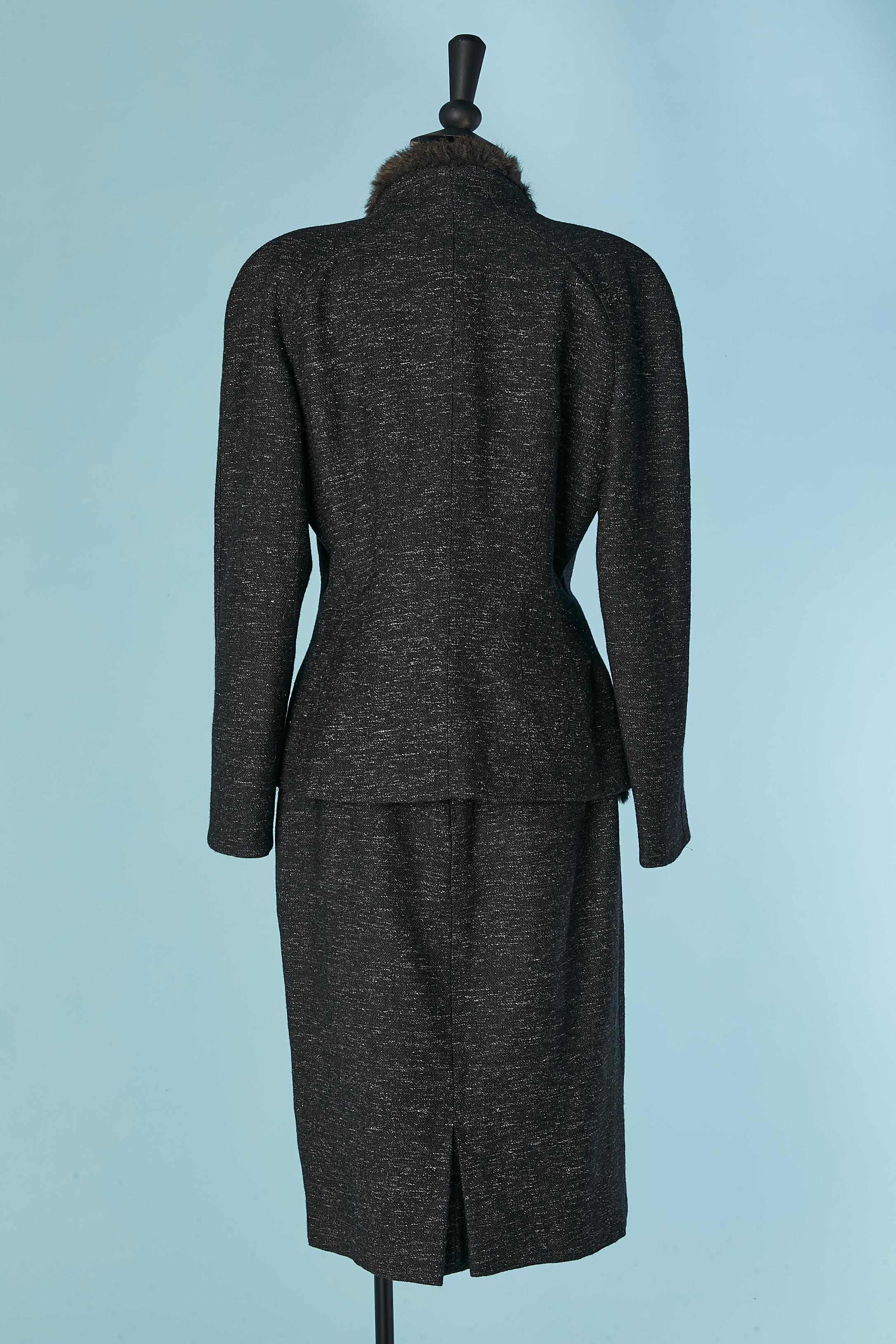 Grey wool chiné skirt suit with faux fur edge MUGLER For Sale 1