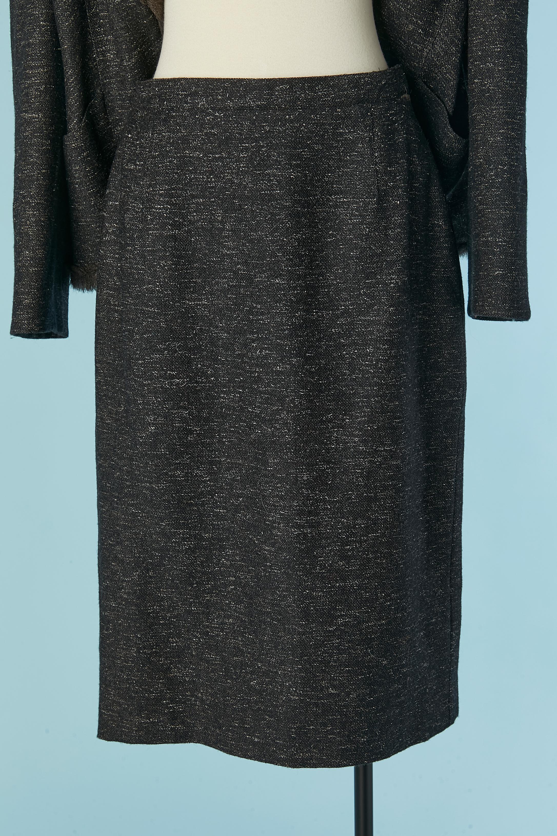 Grey wool chiné skirt suit with faux fur edge MUGLER For Sale 2