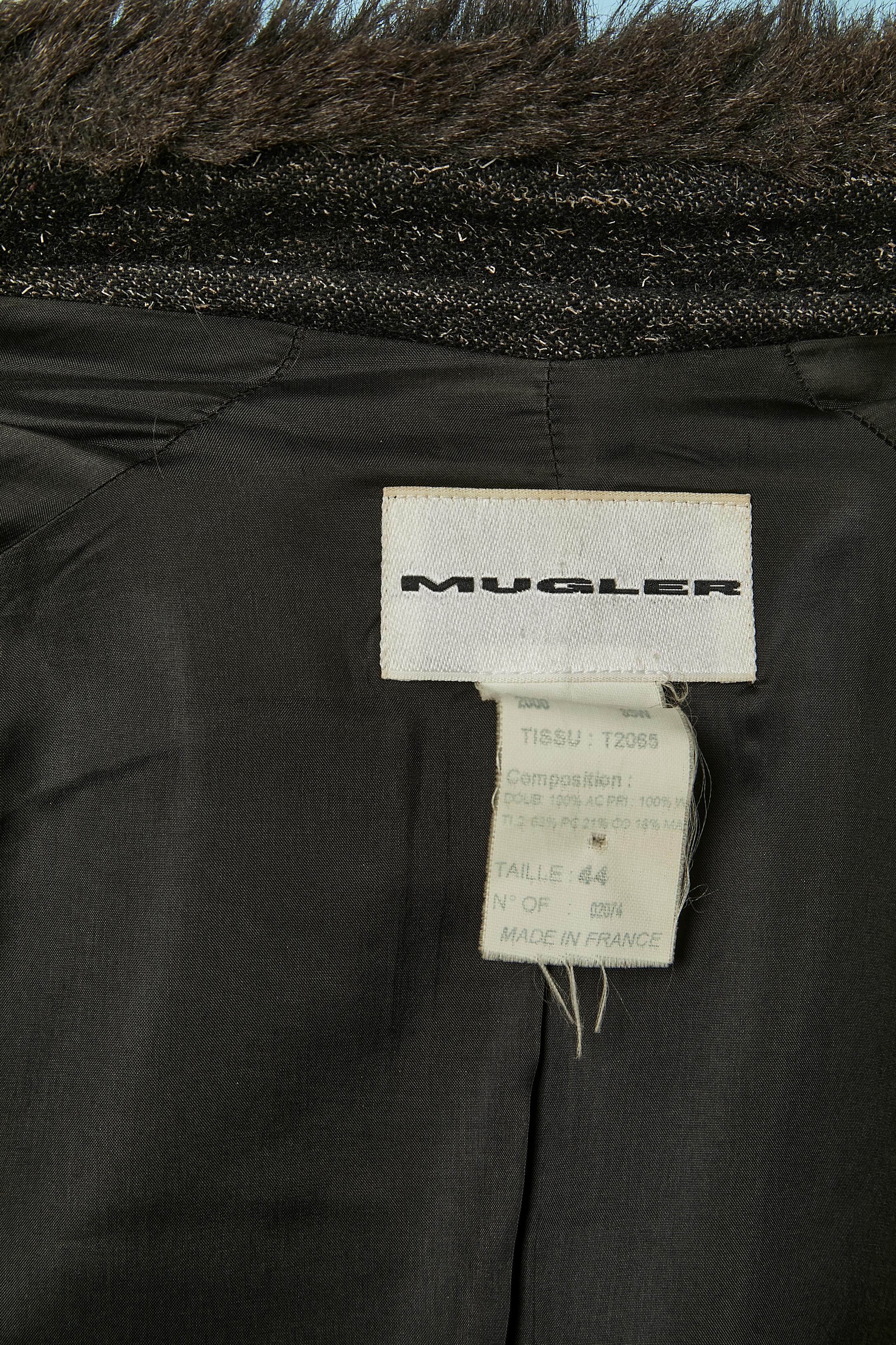 Grey wool chiné skirt suit with faux fur edge MUGLER For Sale 3