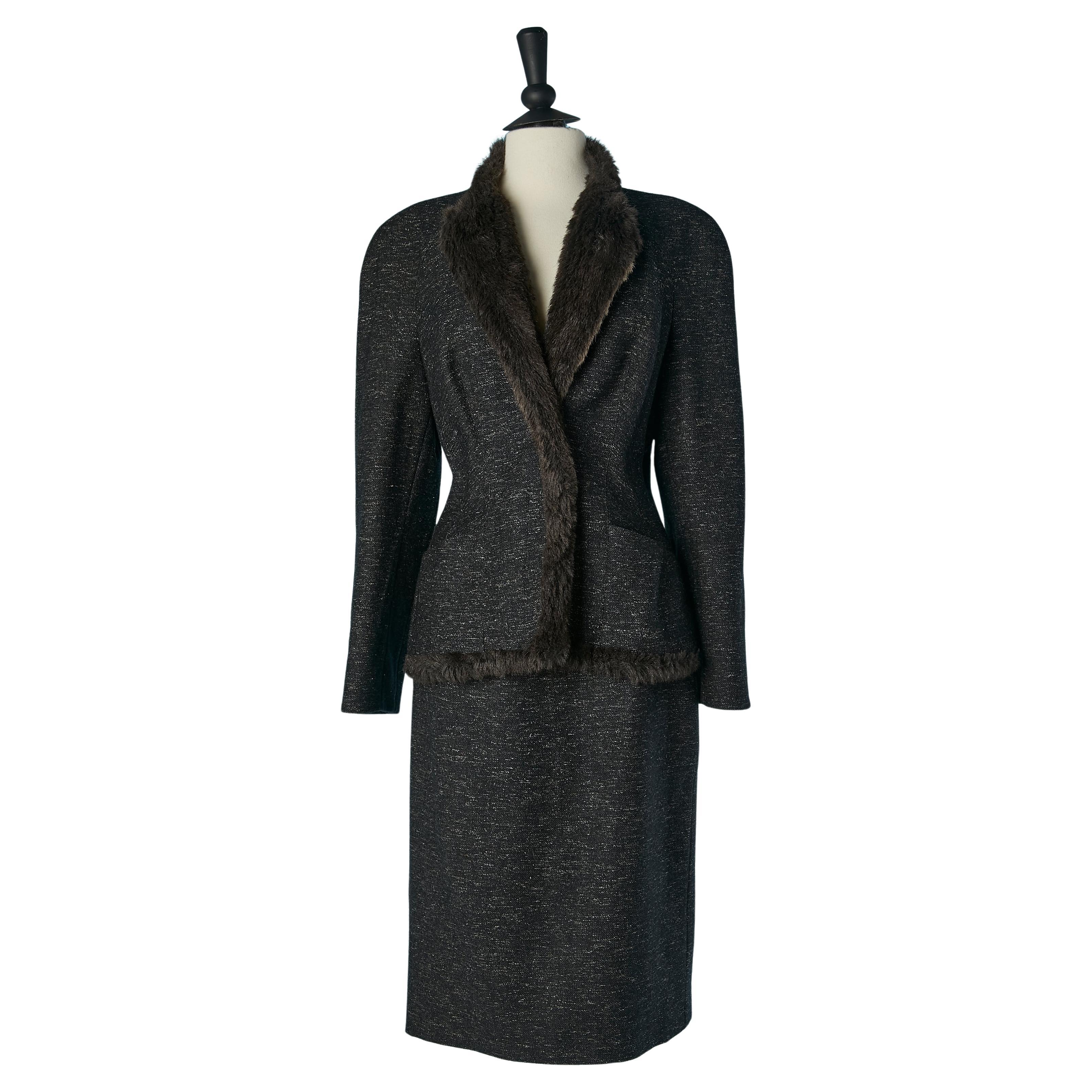 Grey wool chiné skirt suit with faux fur edge MUGLER For Sale