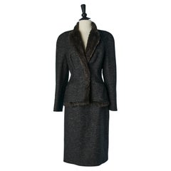 Grey wool chiné skirt suit with faux fur edge MUGLER