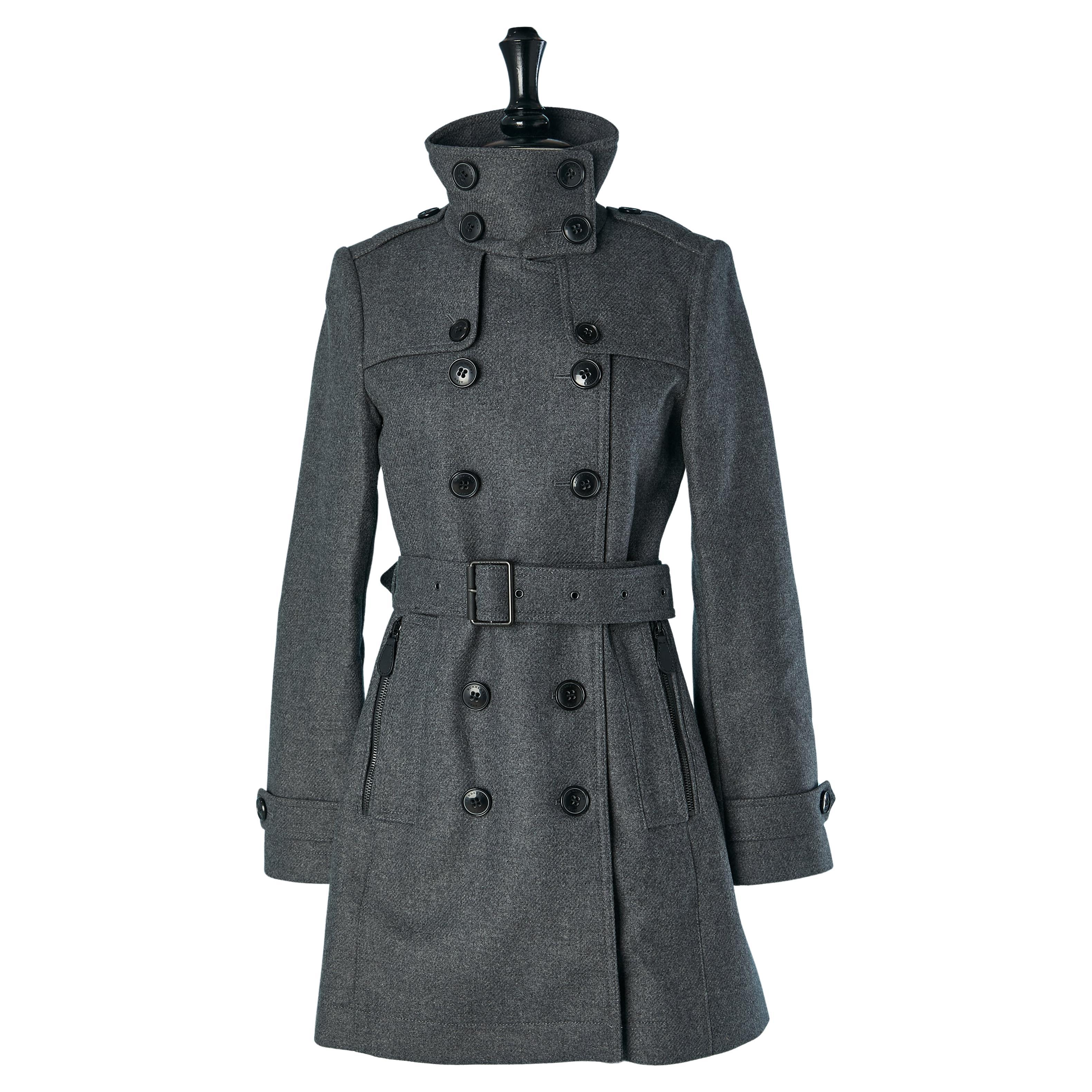 Grey wool double-breasted coat with belt BURBERRY BRIT New with tag