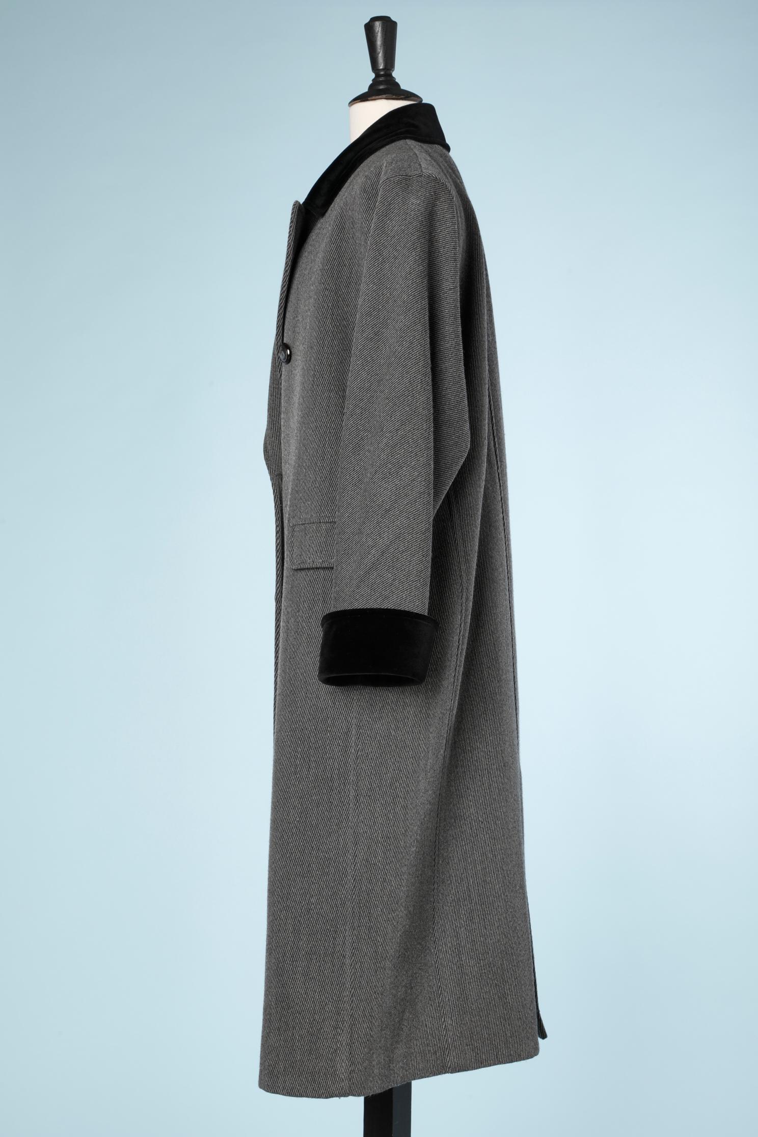 Grey wool double-breasted coat with collar and cuffs in black velvet Valentino  1