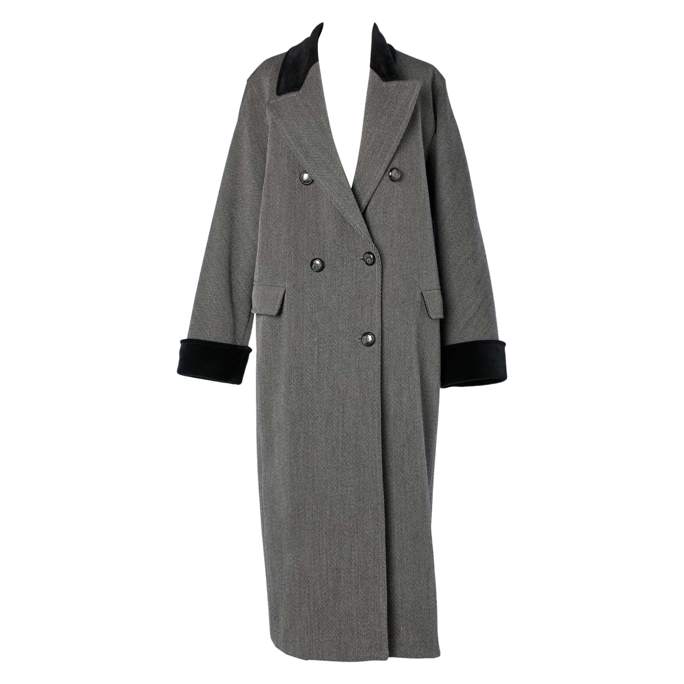 Grey wool double-breasted coat with collar and cuffs in black velvet Valentino