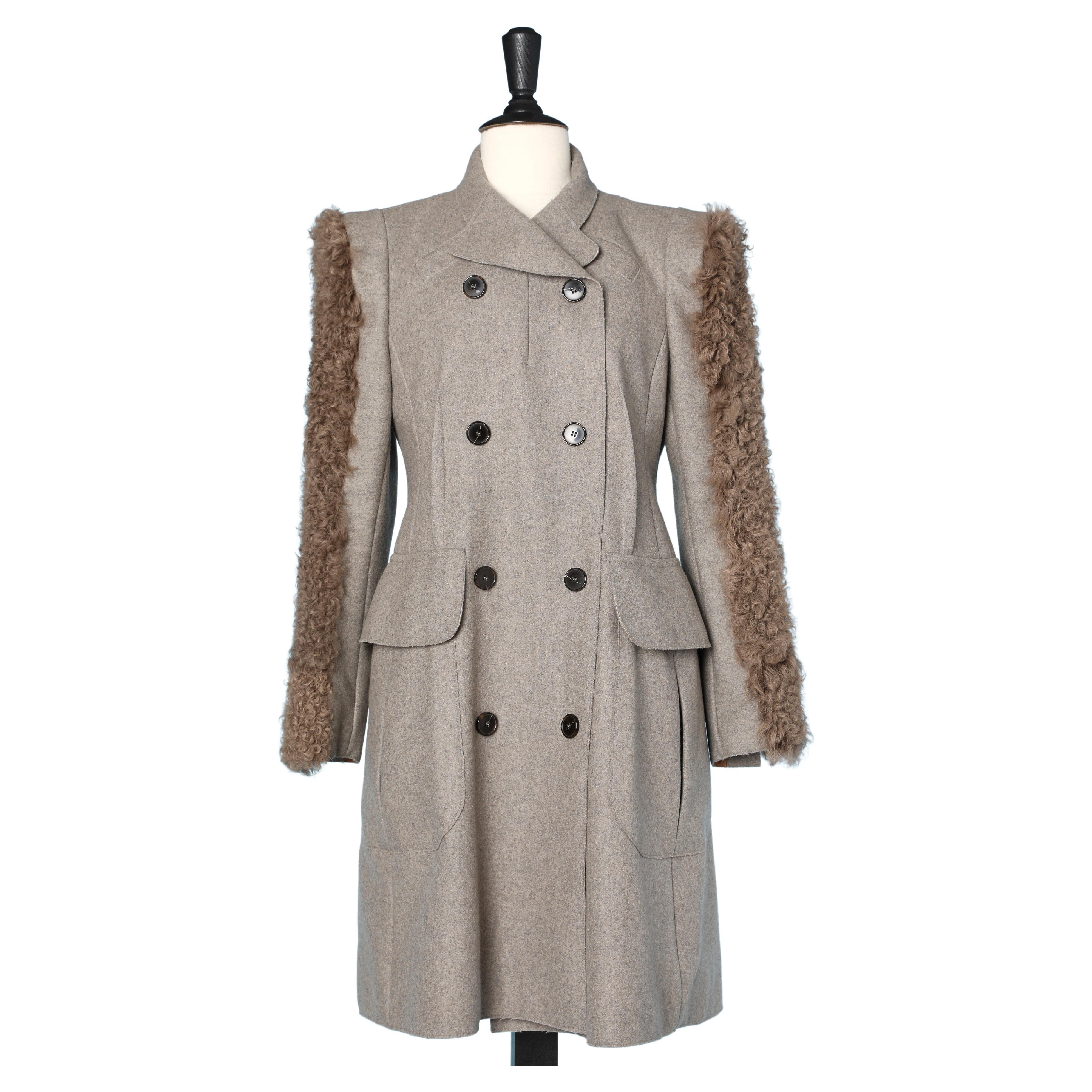 Grey wool double breasted coat with fur sleeves Carven by Guillaume Henry  For Sale at 1stDibs