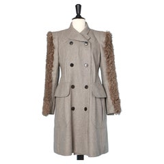 Grey wool double breasted coat with fur sleeves Carven by Guillaume Henry