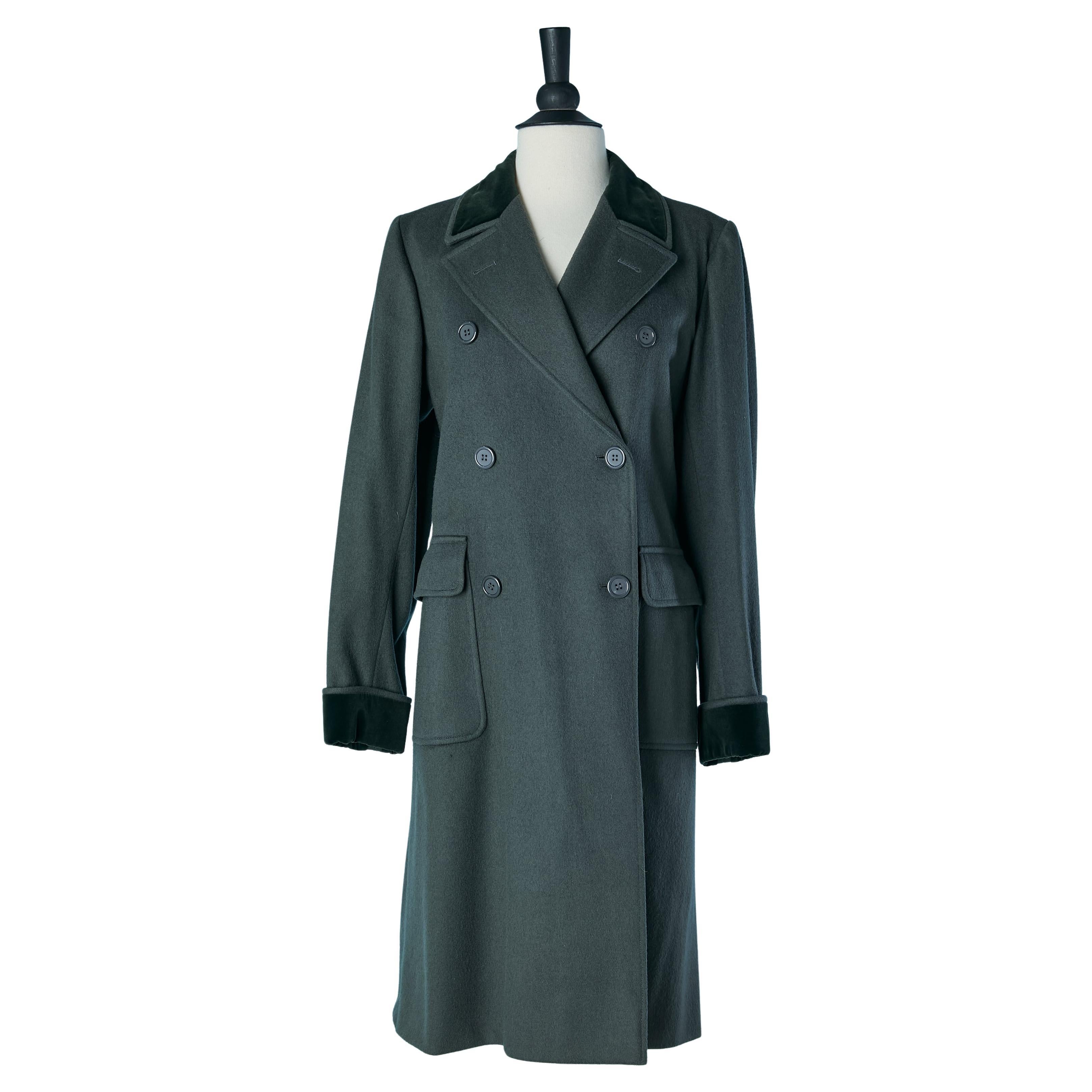 Grey wool double-breasted coat with velvet details SAINT LAURENT RIVE GAUCHE For Sale
