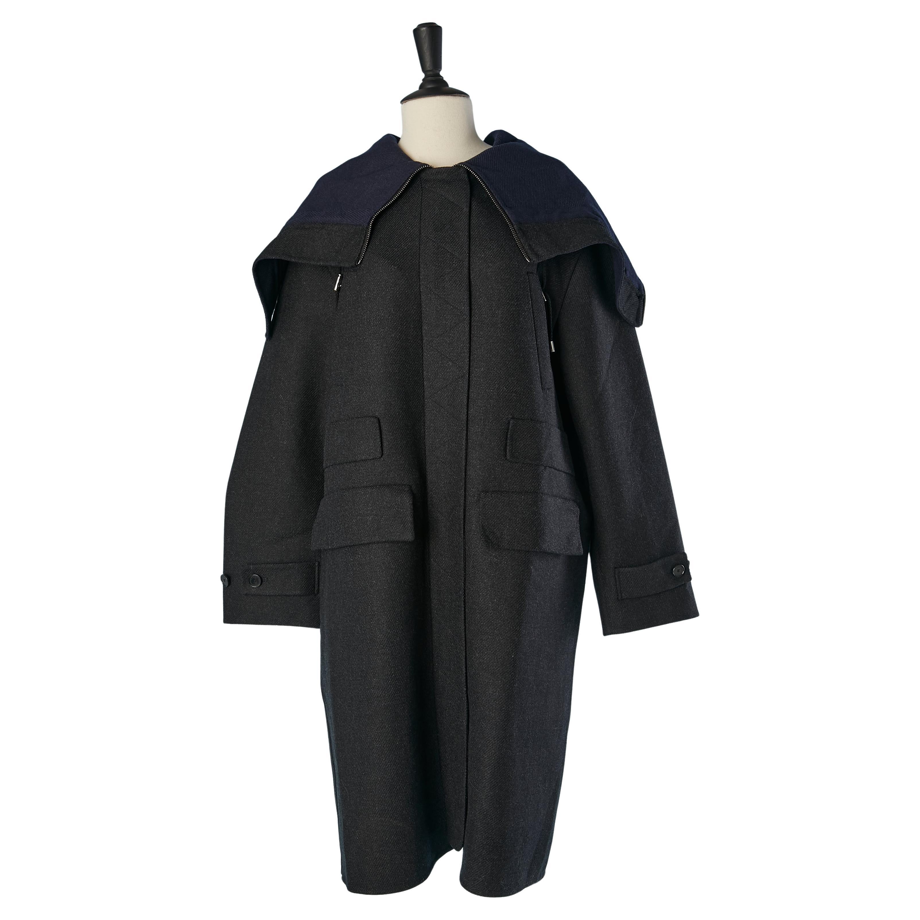 Grey wool double-face coat with zipped hood CHRISTIAN DIOR in vendita