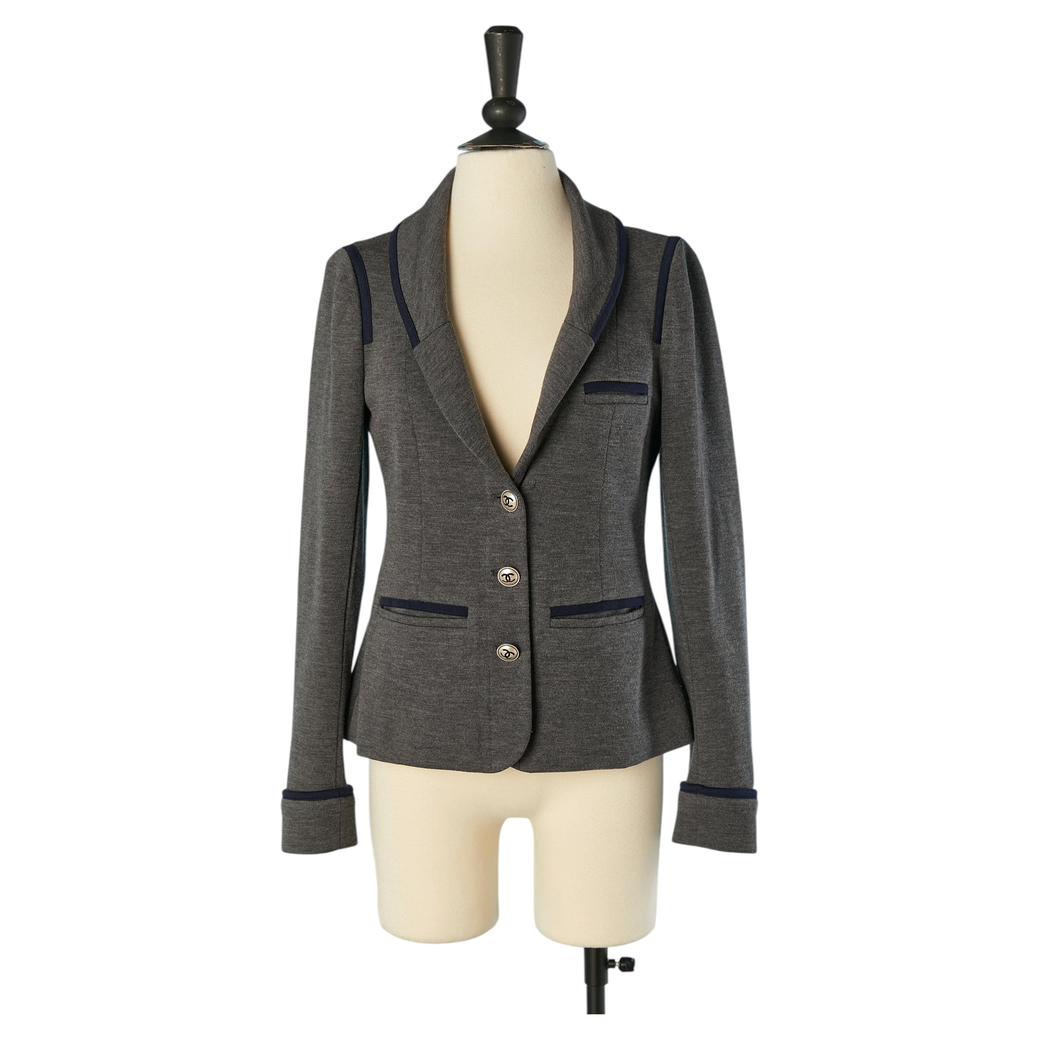 Grey wool jersey single breasted jacket with navy piping CHANEL
