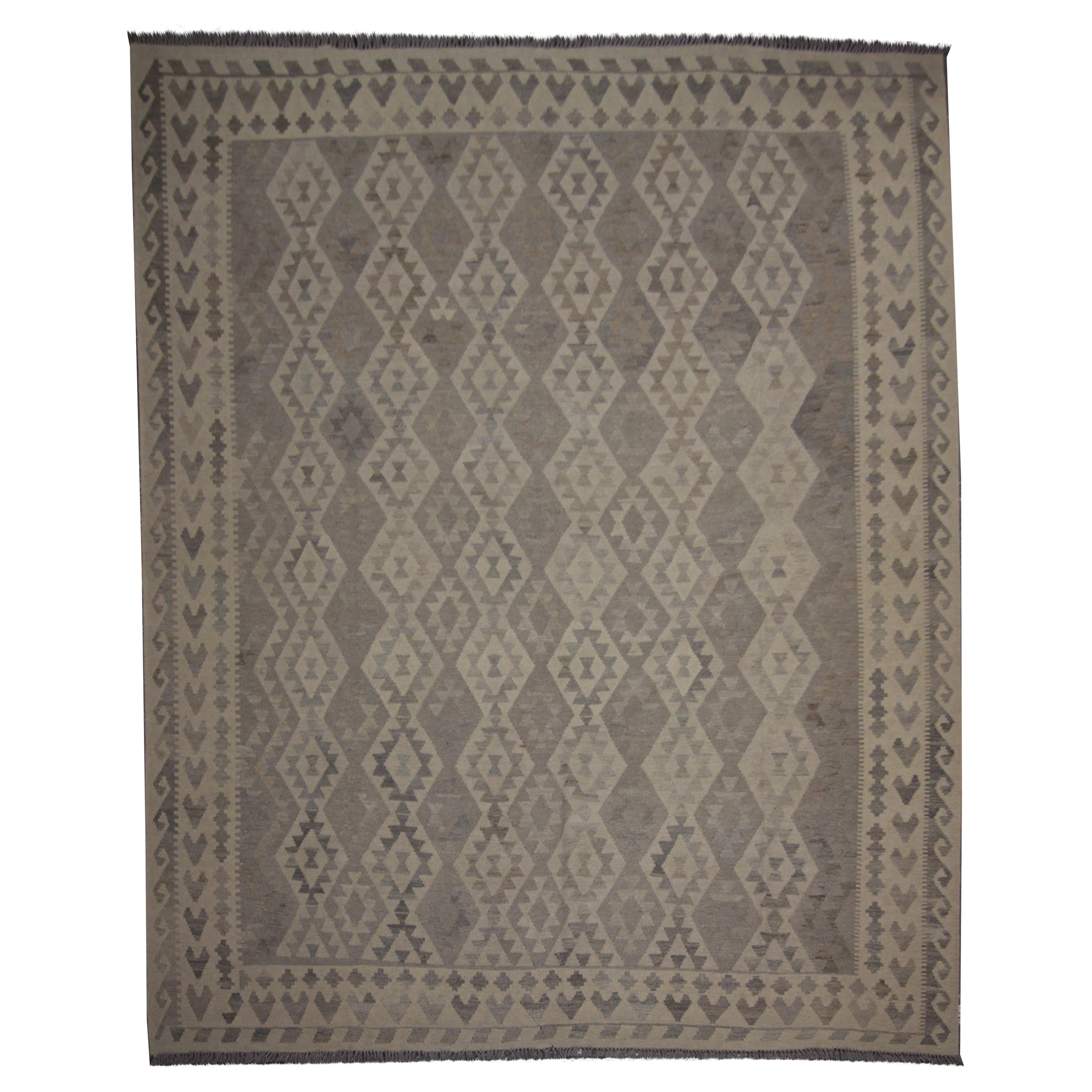 Alfombra de lana gris hecha a mano Alfombra geométrica tradicional Kilim