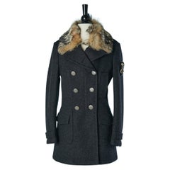Grey wool padded double breasted coat with fur collar PRADA