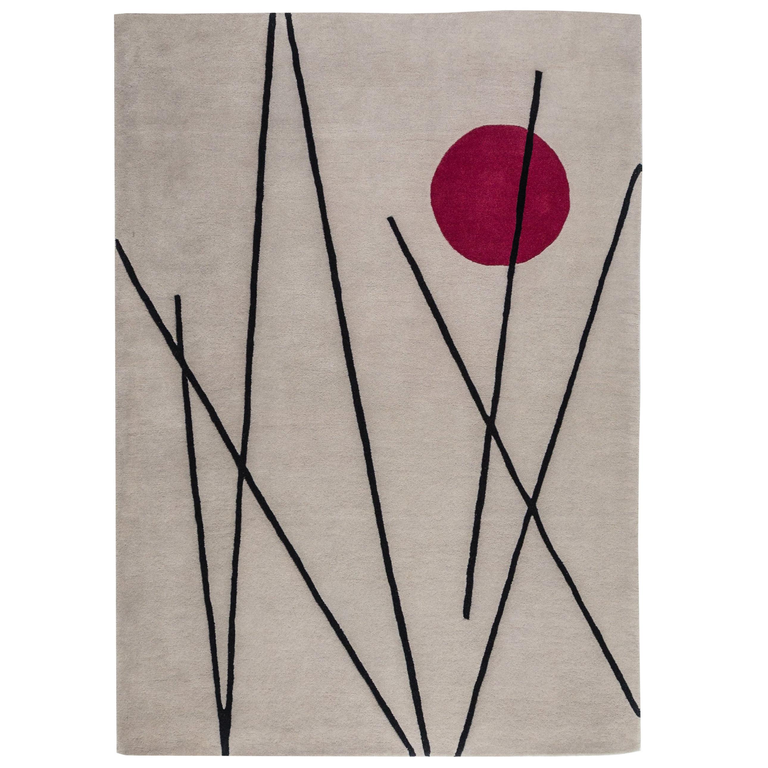 Teppich Night Out Red - Moderner geometrischer grauer Wollteppich mit rotem Mond und Linien im Angebot