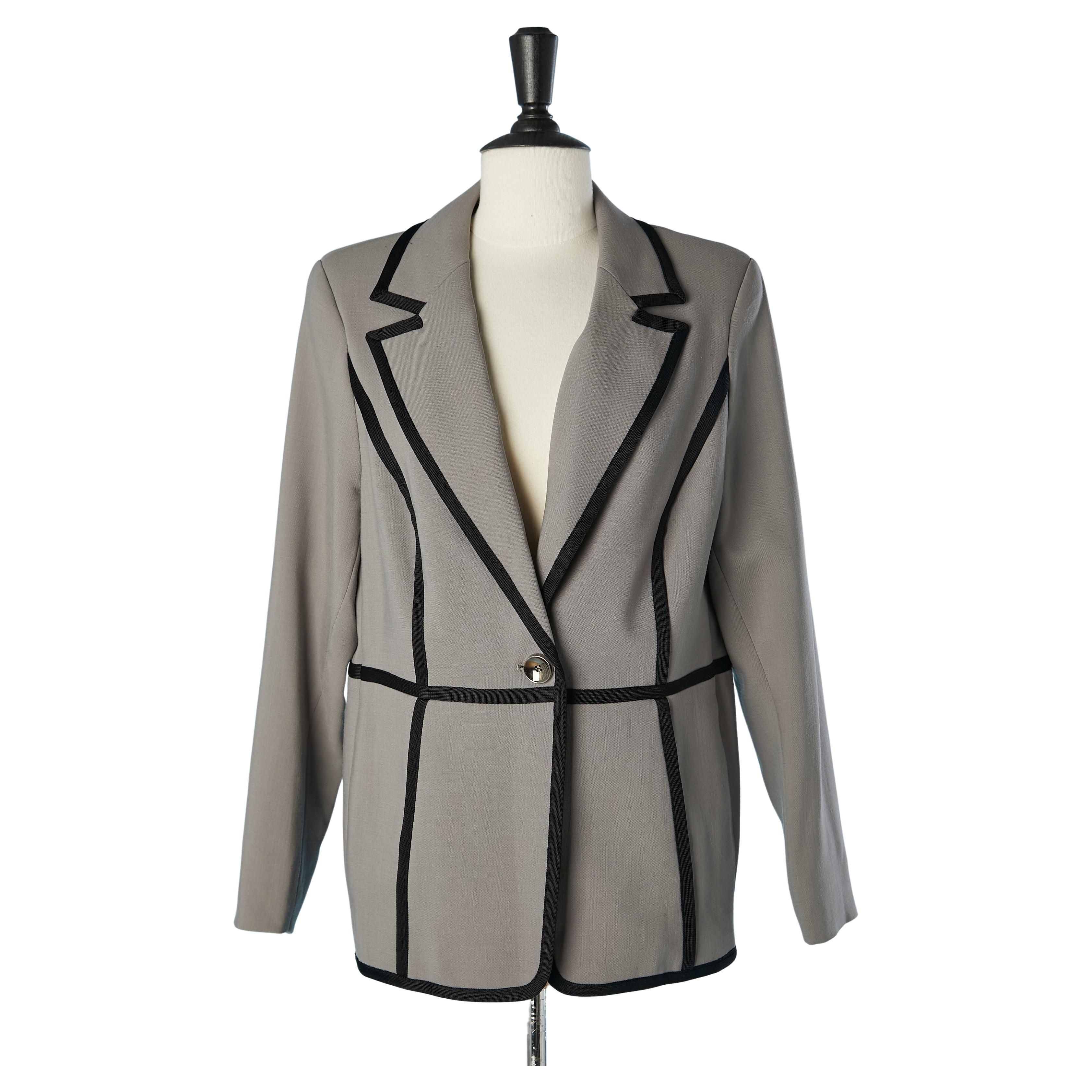Grey wool single breasted blazer with black piping ESCADA  For Sale