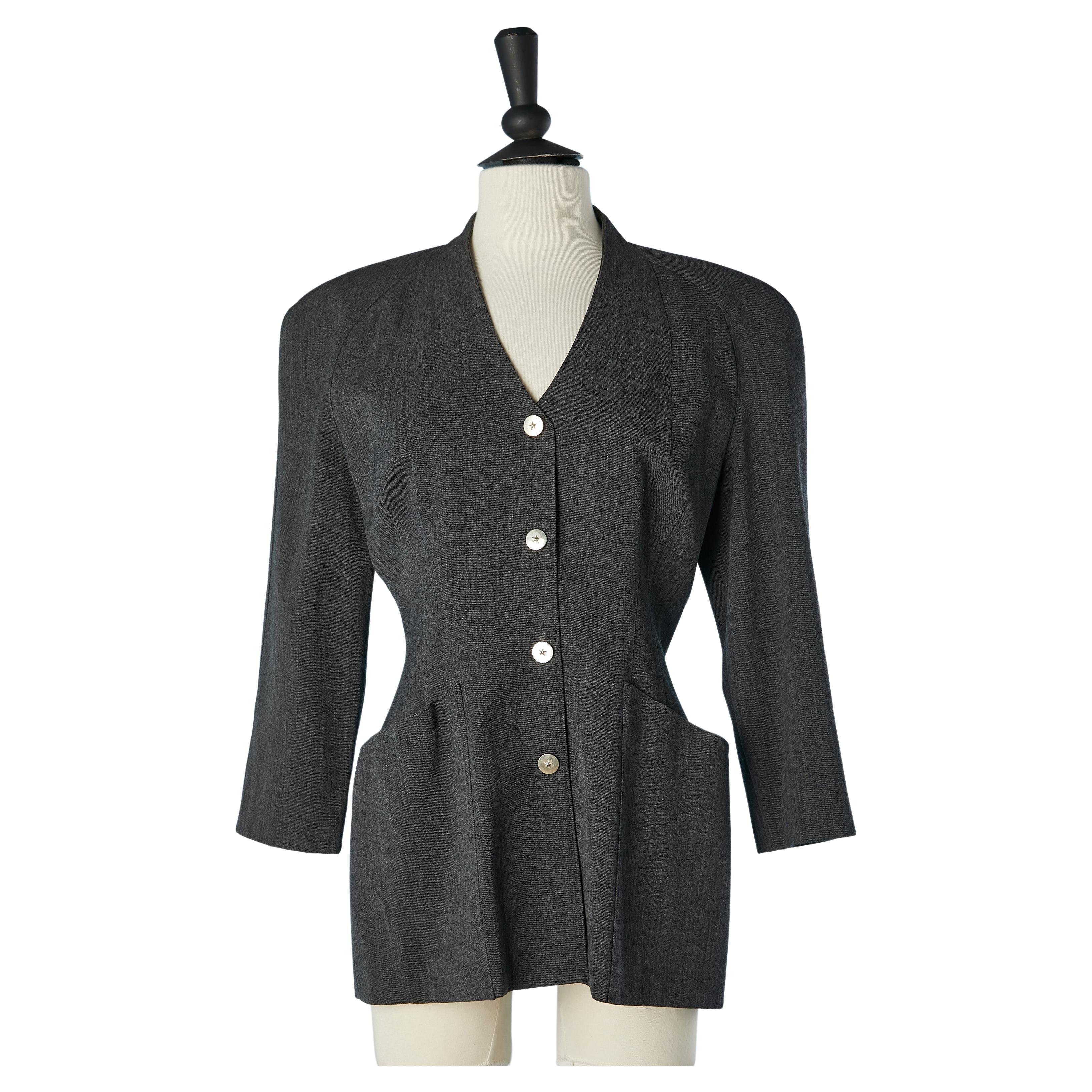 Grey wool single-breasted jacket with snap with star on Mugler  For Sale