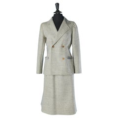 Grey wool skirt suit with double-breasted jacket and Corduroy collar COURREGES