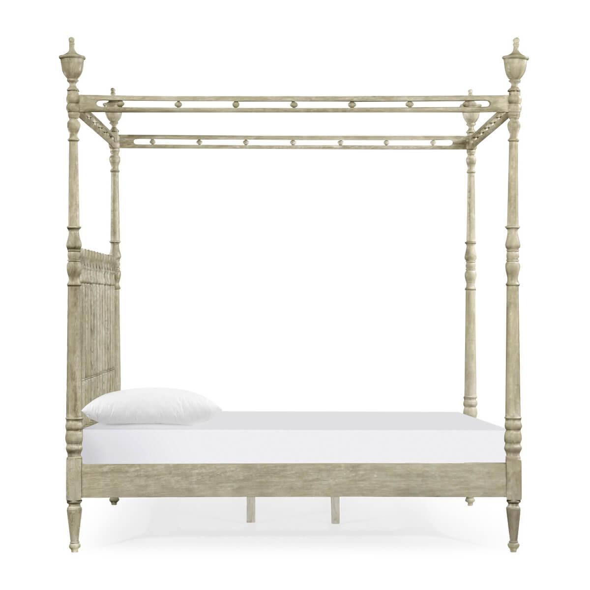 English Greyed Oak Four Post Queen Bed