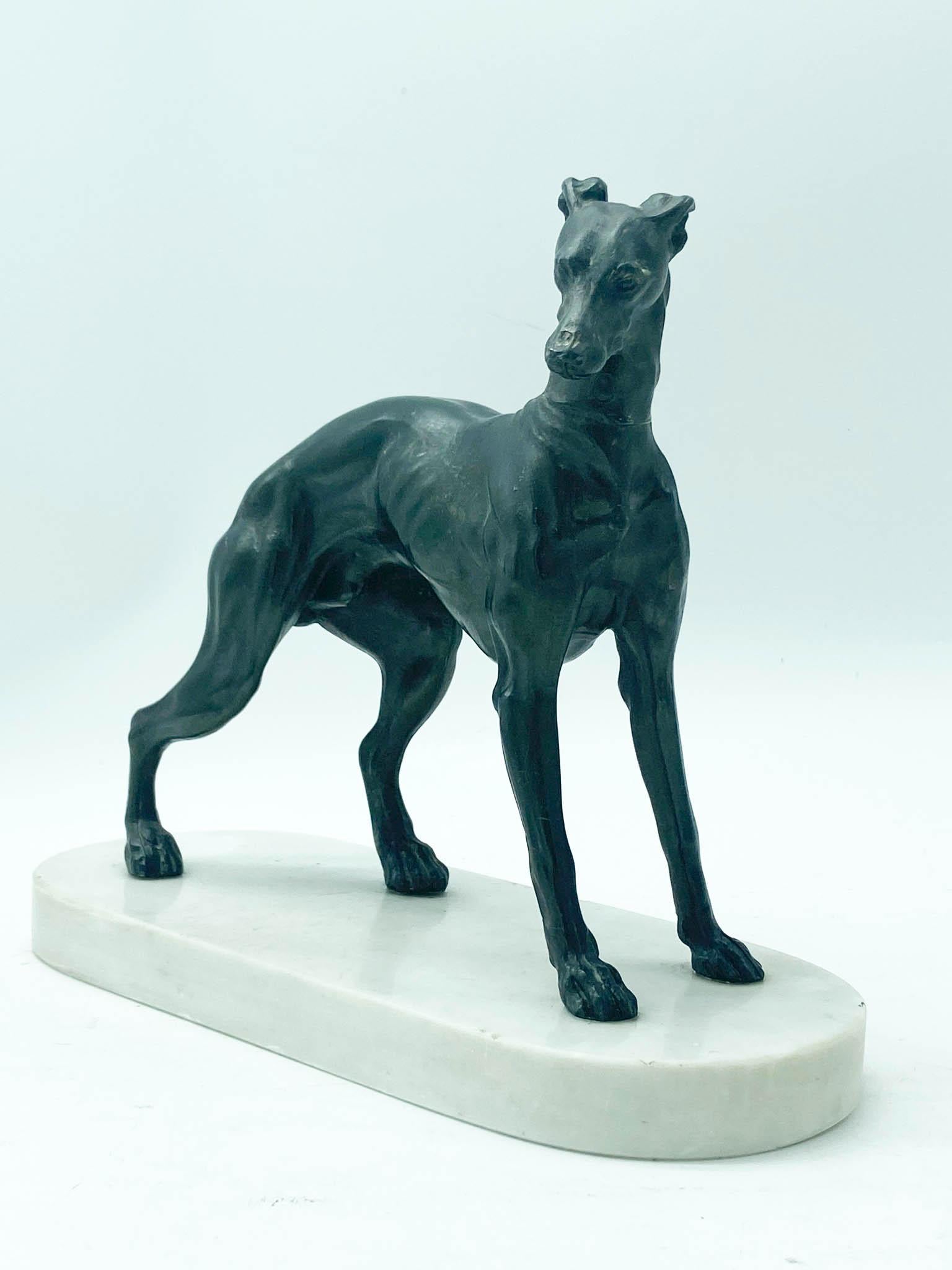 Bronze sculpture representing a beautiful alert and elegant dog on a white marble surface. In excellent condition with slight patina wear.