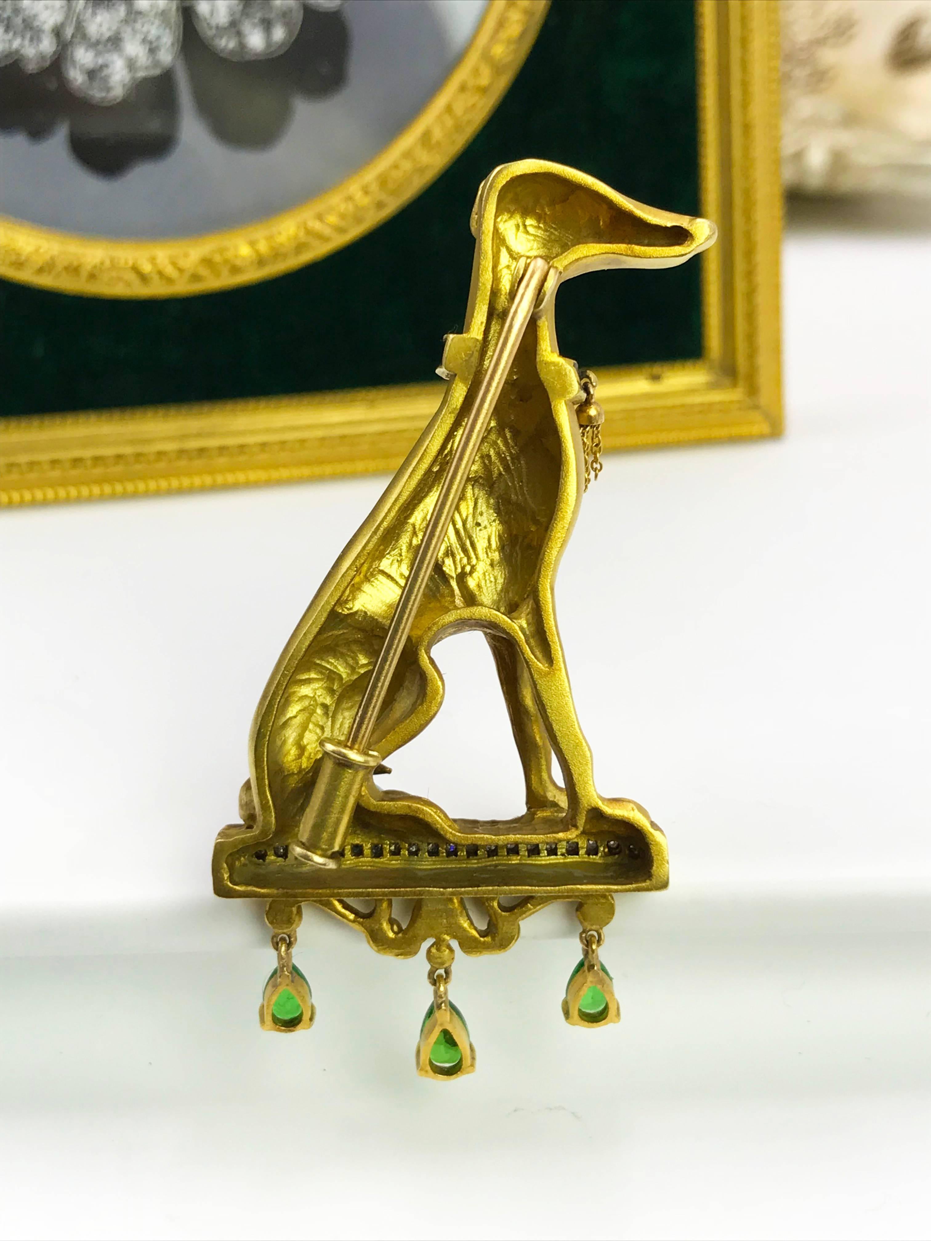 Artist 18K Gold Greyhound Diamond and Tsavorite Garnet Brooch