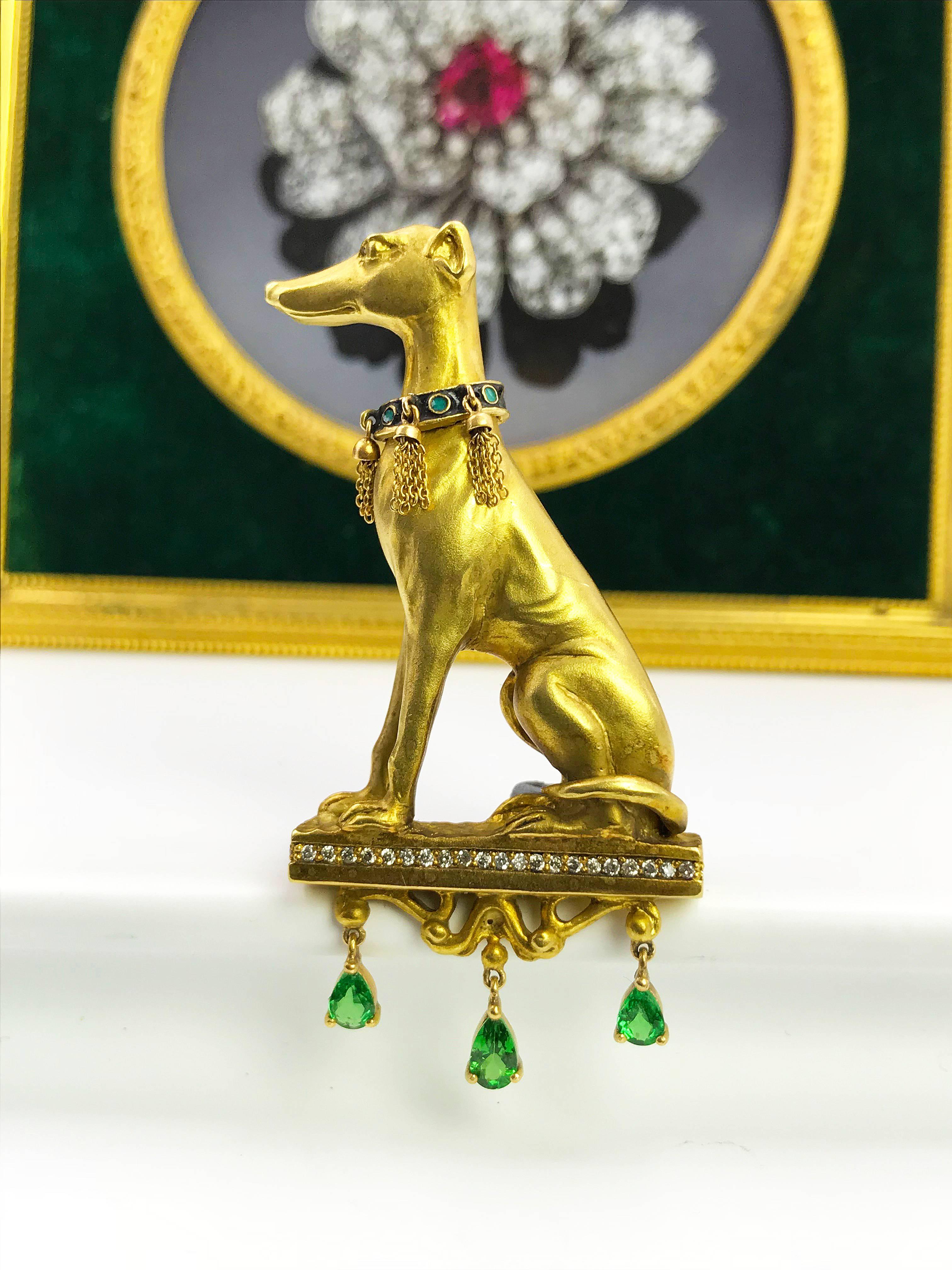 Pear Cut 18K Gold Greyhound Diamond and Tsavorite Garnet Brooch