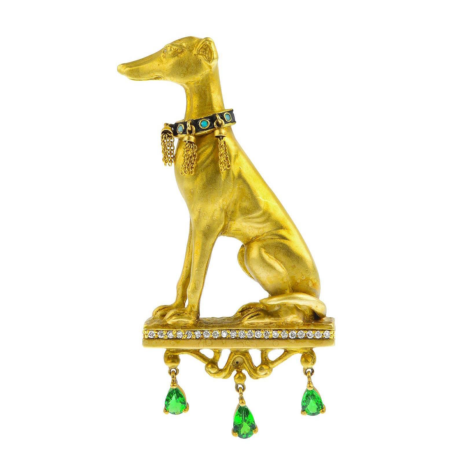18K Gold Greyhound Diamond and Tsavorite Garnet Brooch