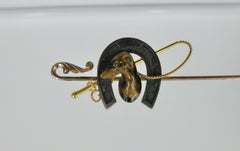 Greyhound Dog Tiger's Eye Gold Silver Racing Horseshoe Hat Pin Brooch Art Deco
