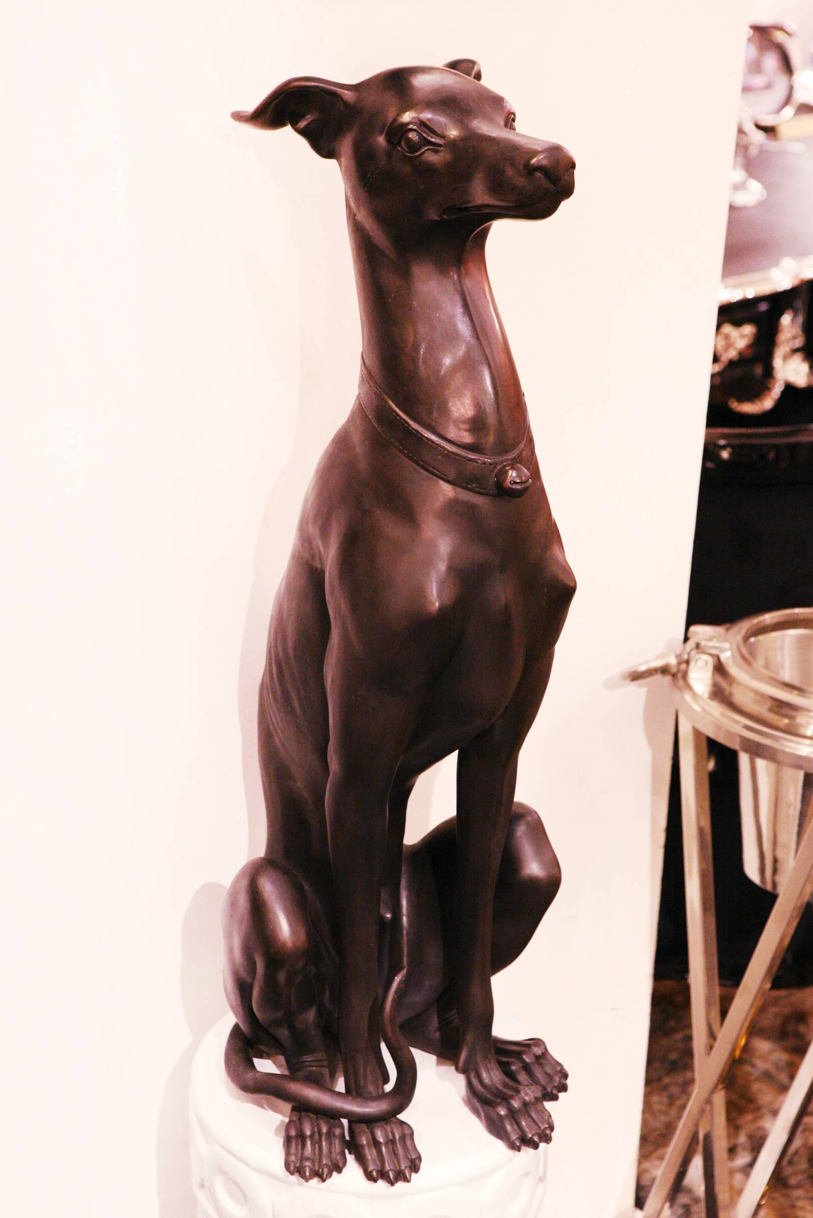 Sculpture Greyhound set of two in solid bronze.
Each greyhound is different, not similar.
Measure: A/ L 30 x D 34 x H 89cm.
B/ L 30 x D 34 x H 88cm.
 
 