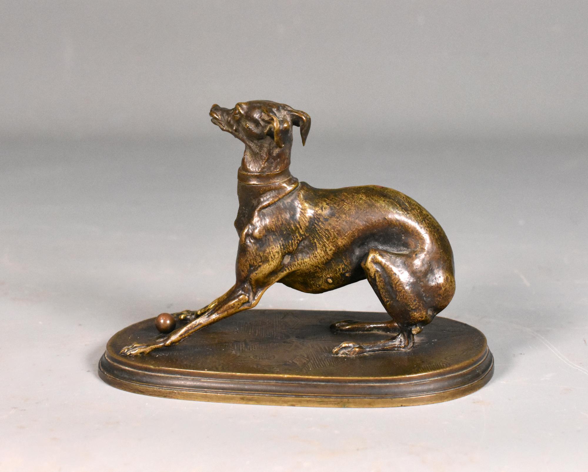 Bronzed Greyhound with Ball in Bronze by Pierre-Jules Mène '1810-1879' For Sale