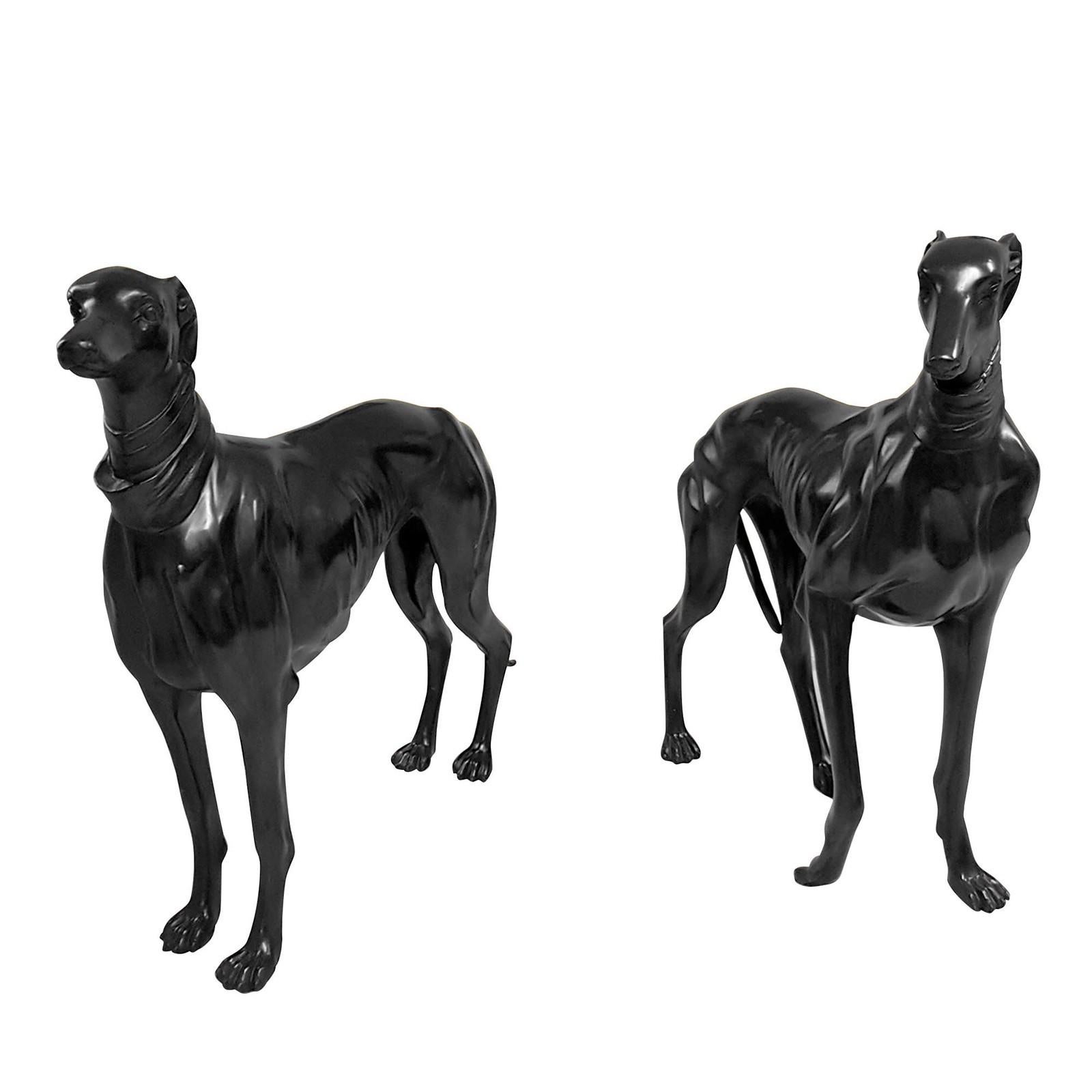 The greyhounds duo are a pair of dynamic sculptures in lost-wax bronze fusion with a patina 500' finish. With a profoundly life-like presence the two dogs are the perfect complement for a unique and fauna inspired style of decor anywhere in your