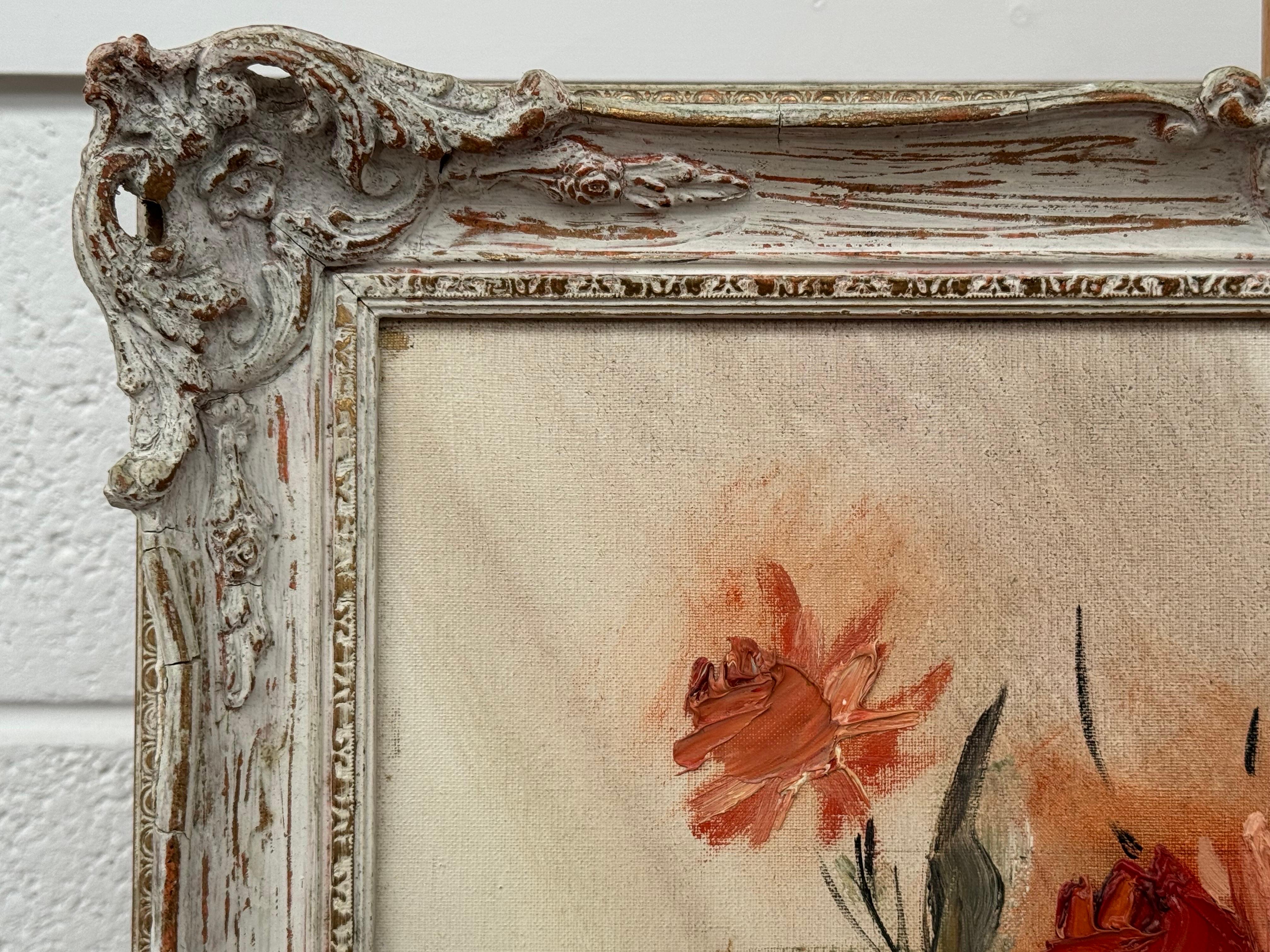 Vintage Impasto-Ölgemälde eines üppigen Straußes aus feuerroten und korallenroten Blumen im Angebot 5