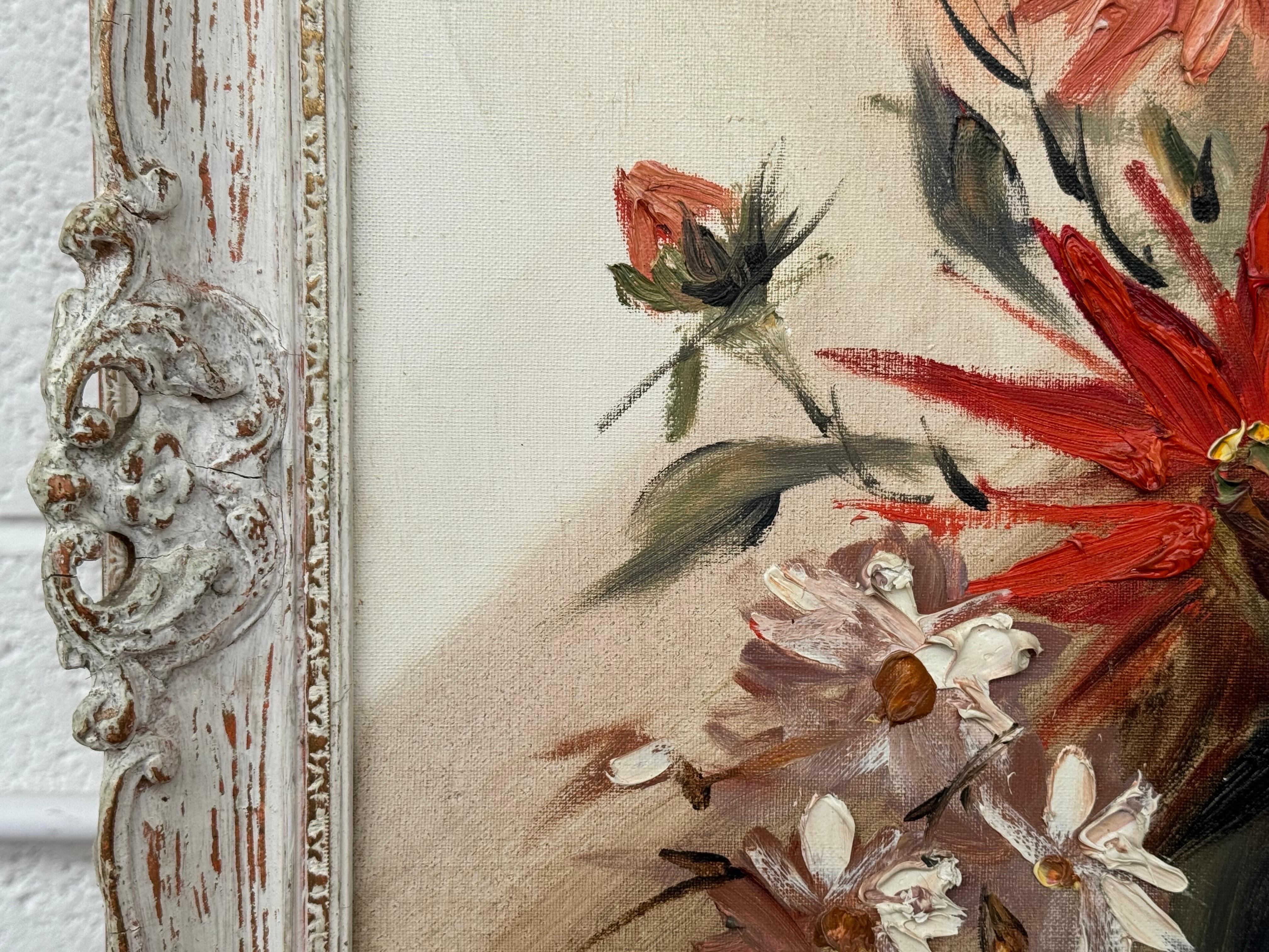 Vintage Impasto-Ölgemälde eines üppigen Straußes aus feuerroten und korallenroten Blumen im Angebot 6