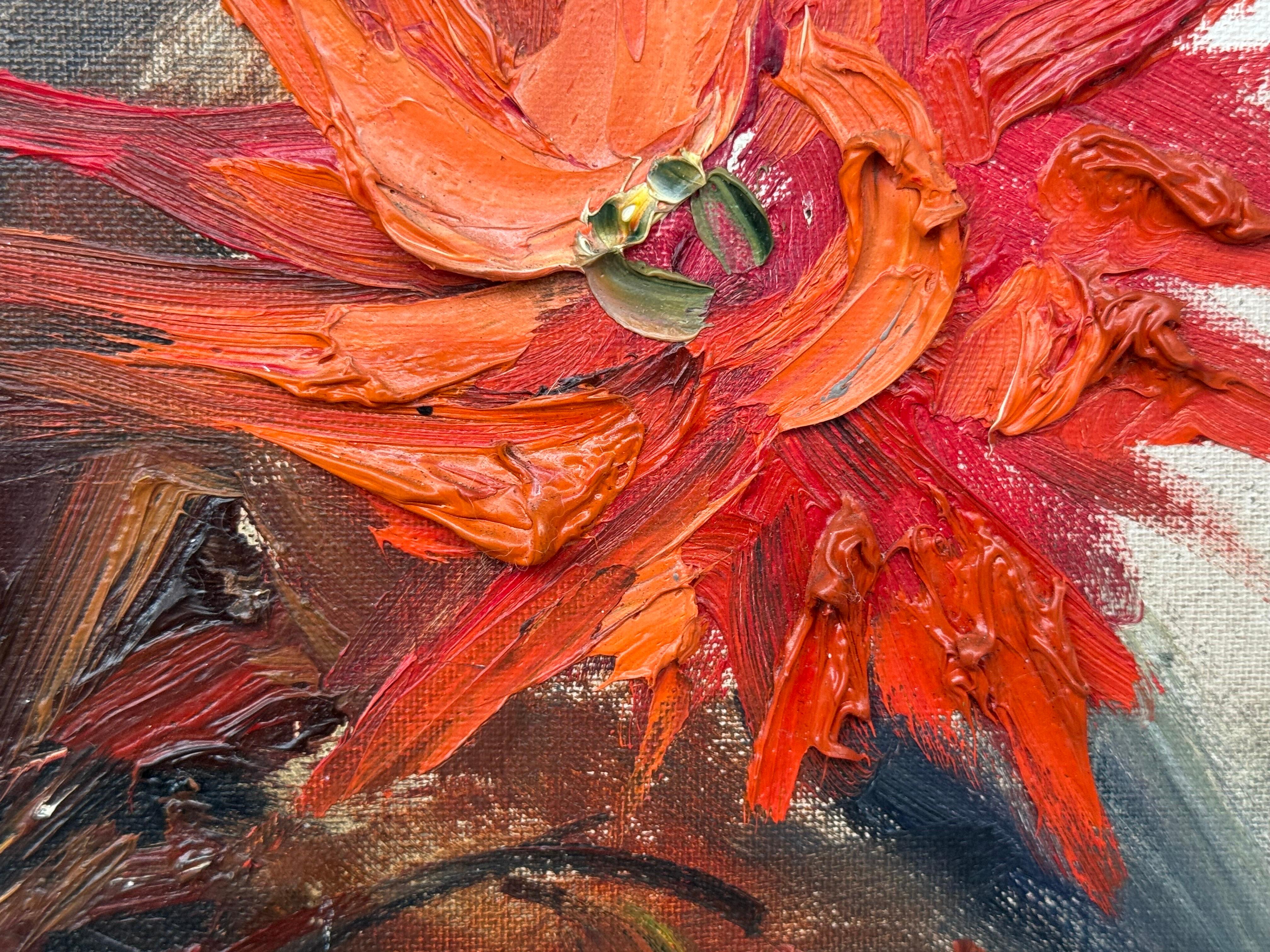 Vintage Impasto-Ölgemälde eines üppigen Straußes aus feuerroten und korallenroten Blumen im Angebot 7