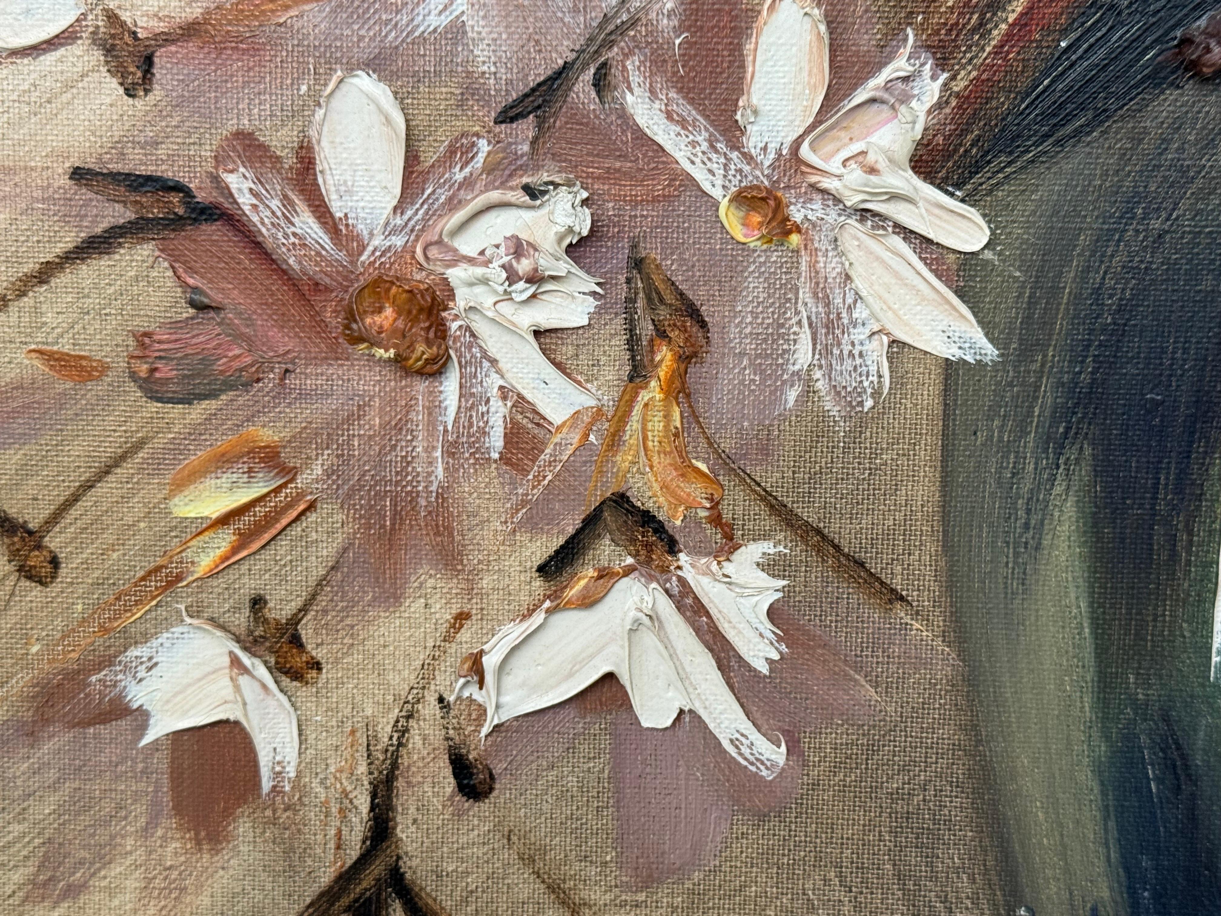 Vintage Impasto-Ölgemälde eines üppigen Straußes aus feuerroten und korallenroten Blumen im Angebot 8