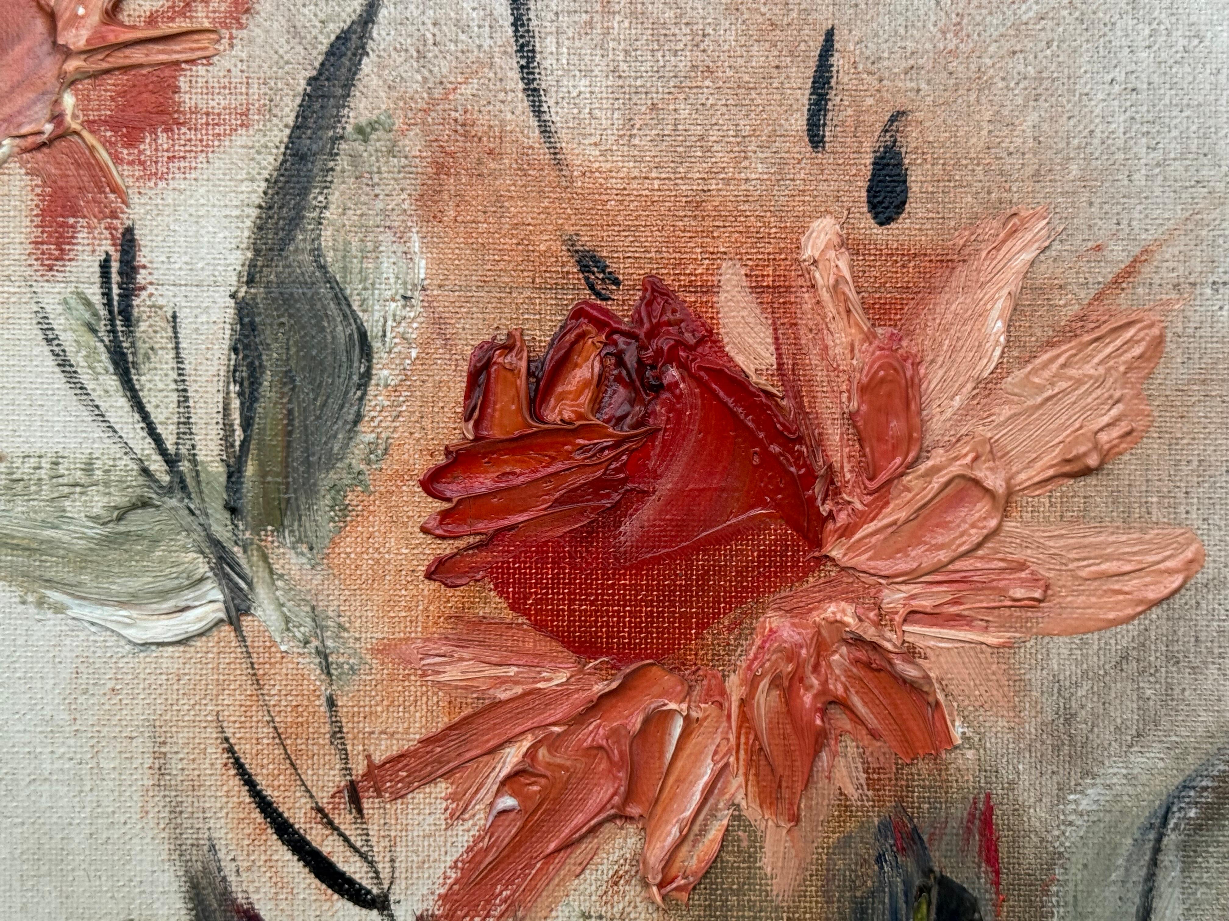 Vintage Impasto-Ölgemälde eines üppigen Straußes aus feuerroten und korallenroten Blumen im Angebot 9