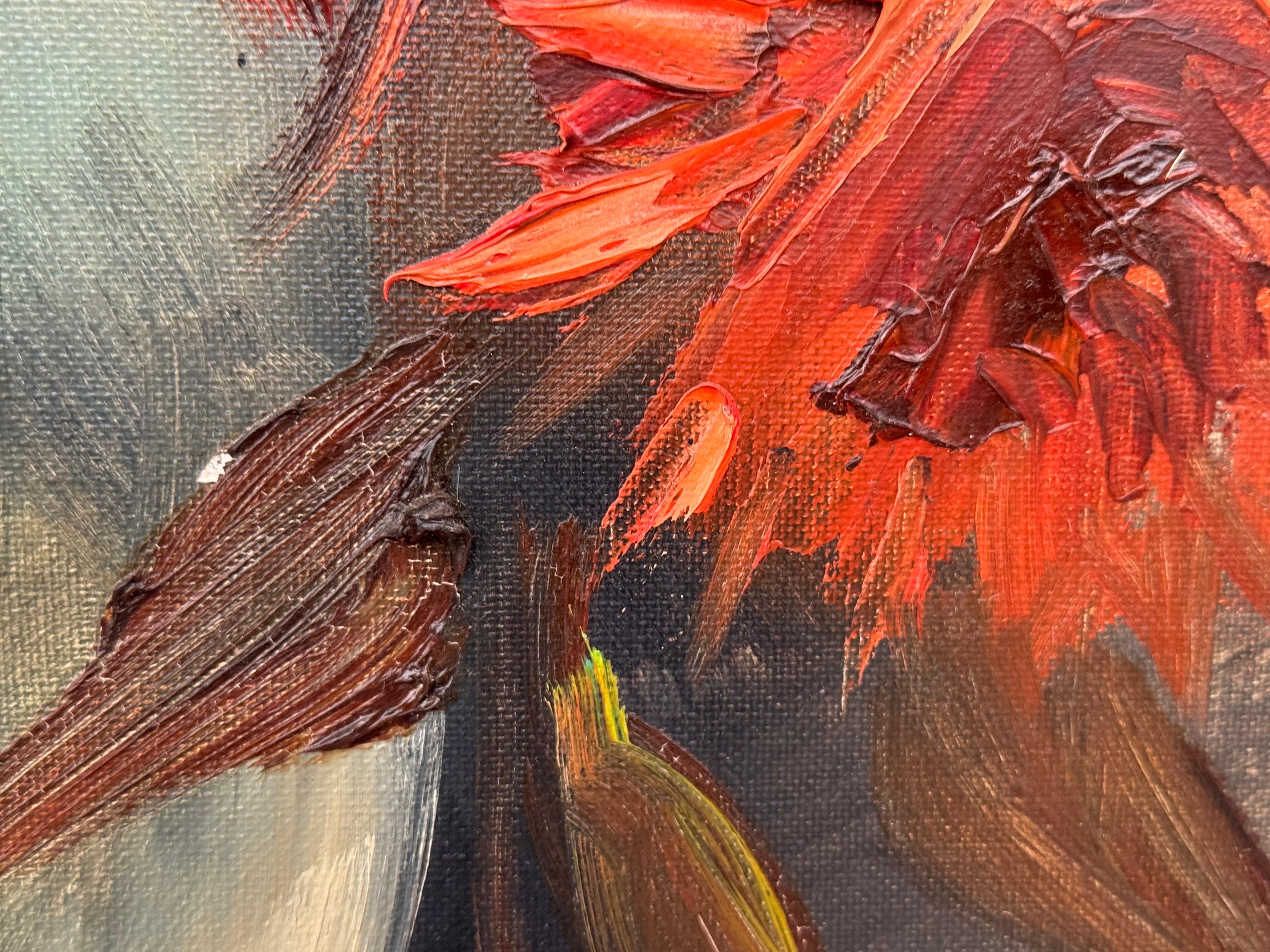 Vintage Impasto-Ölgemälde eines üppigen Straußes aus feuerroten und korallenroten Blumen im Angebot 11