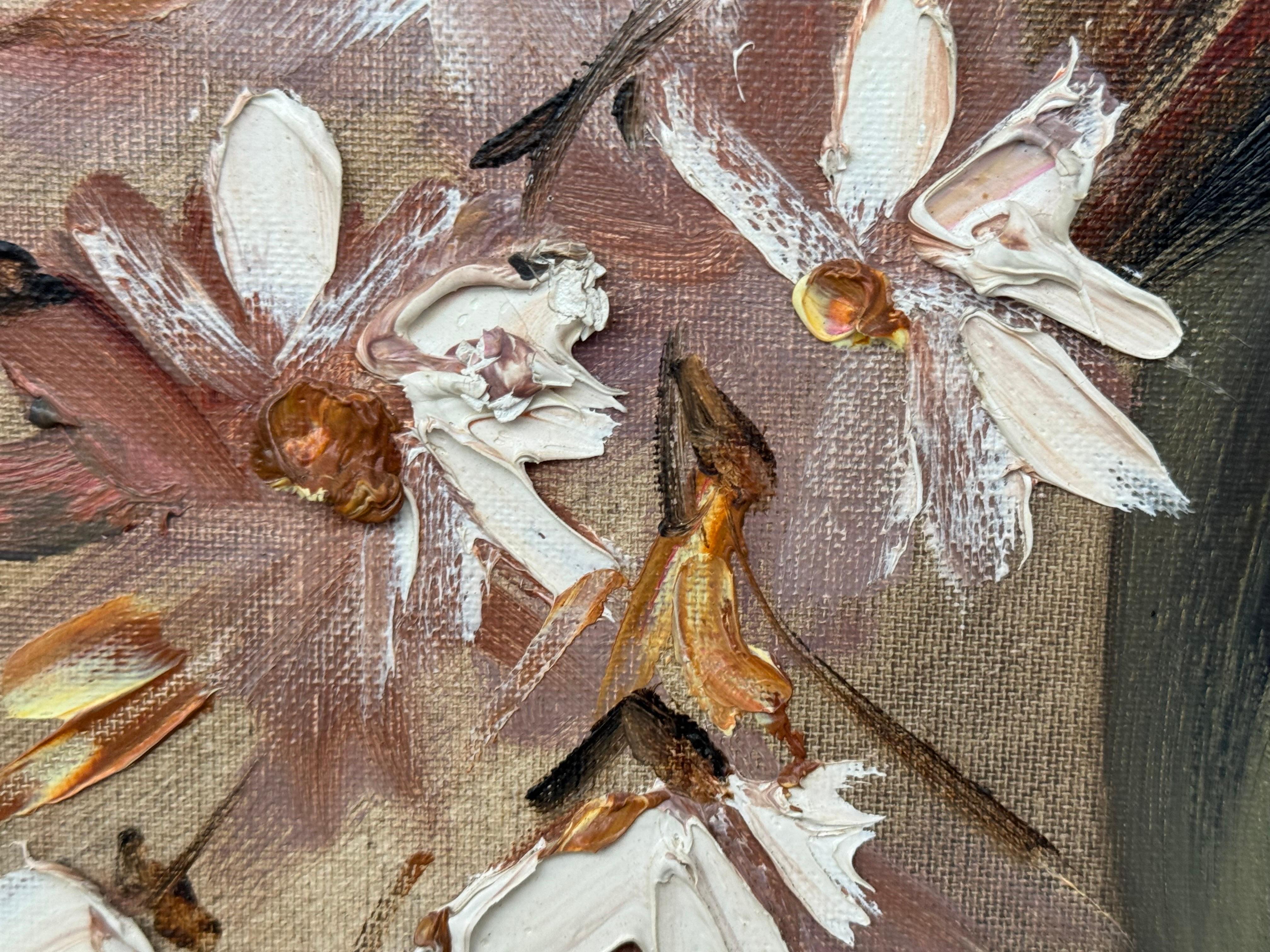 Vintage Impasto-Ölgemälde eines üppigen Straußes aus feuerroten und korallenroten Blumen im Angebot 12